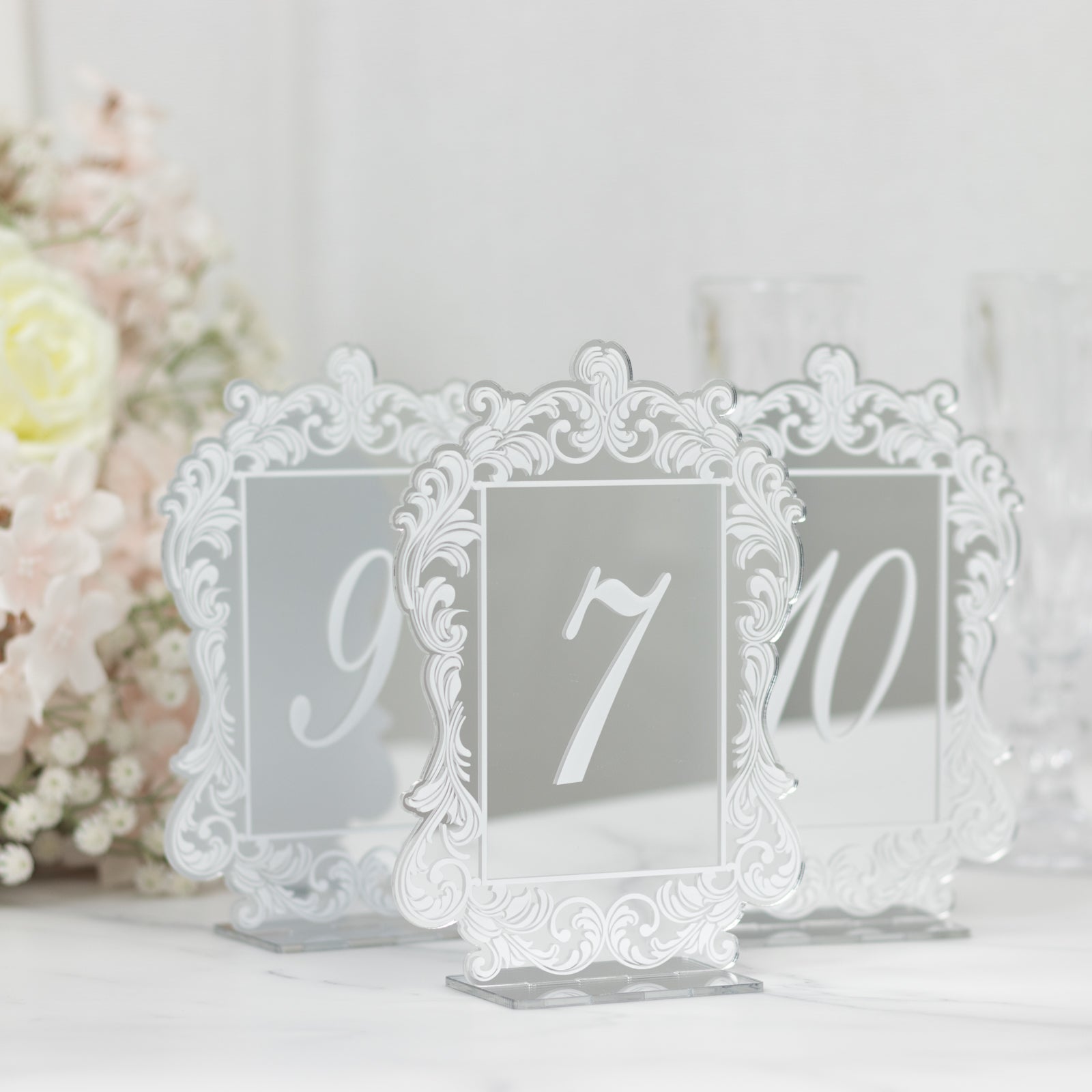 Silver Mirror Arch Acrylic Table Numbers (1-10) - 5x7 Wedding Reception Signs with Baroque Lace Border, White Print & Stands