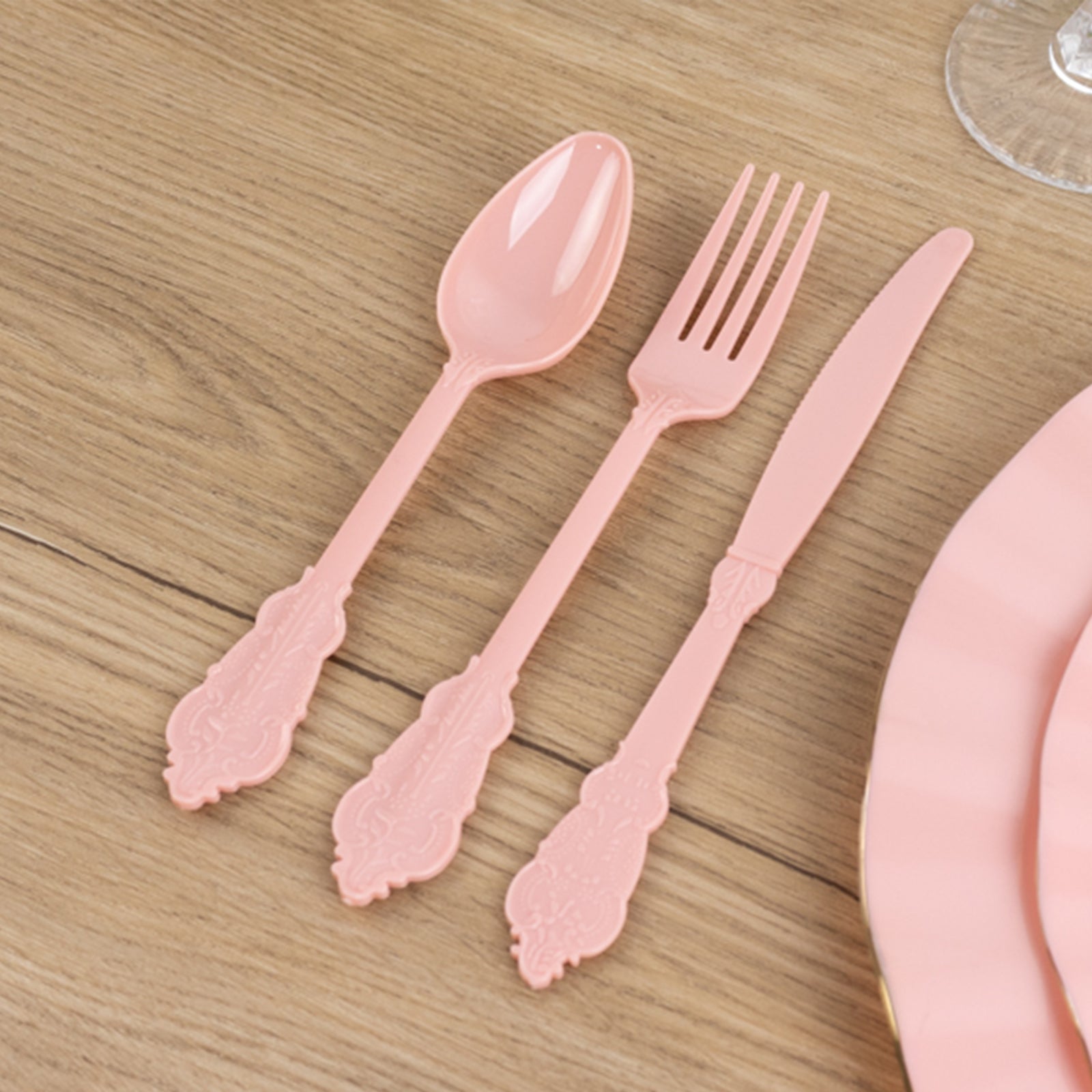 72 Pcs Plastic Silverware Set in Baroque Style Dusty Rose - Heavy Duty Disposable Knife, Fork, and Spoon Set