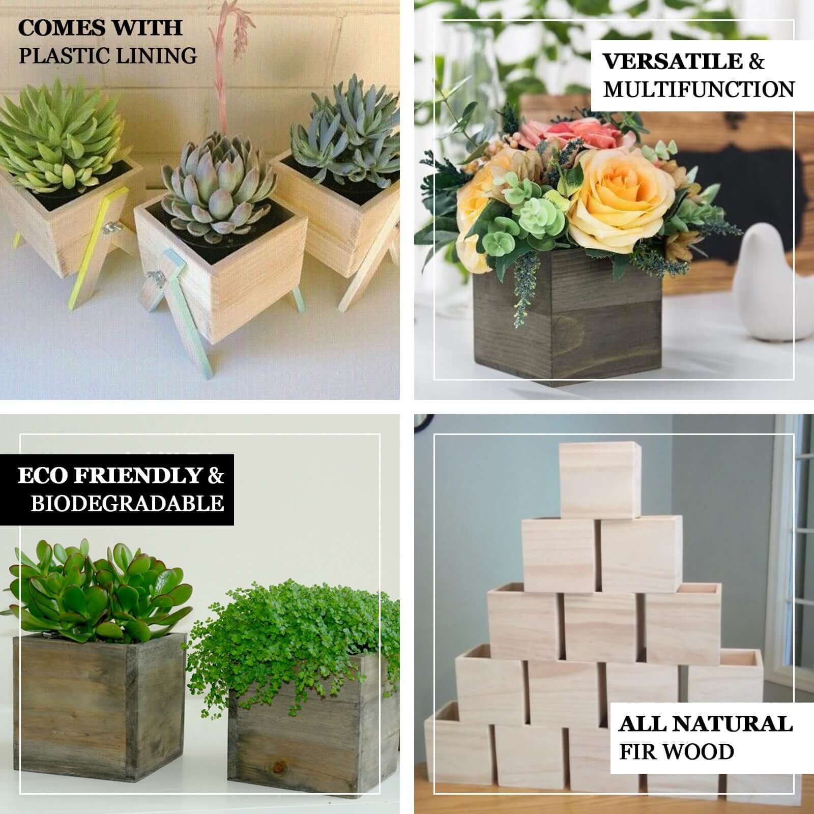 2 Pack 5 Natural Square Wood Planter Box Set With Removable Plastic Liners