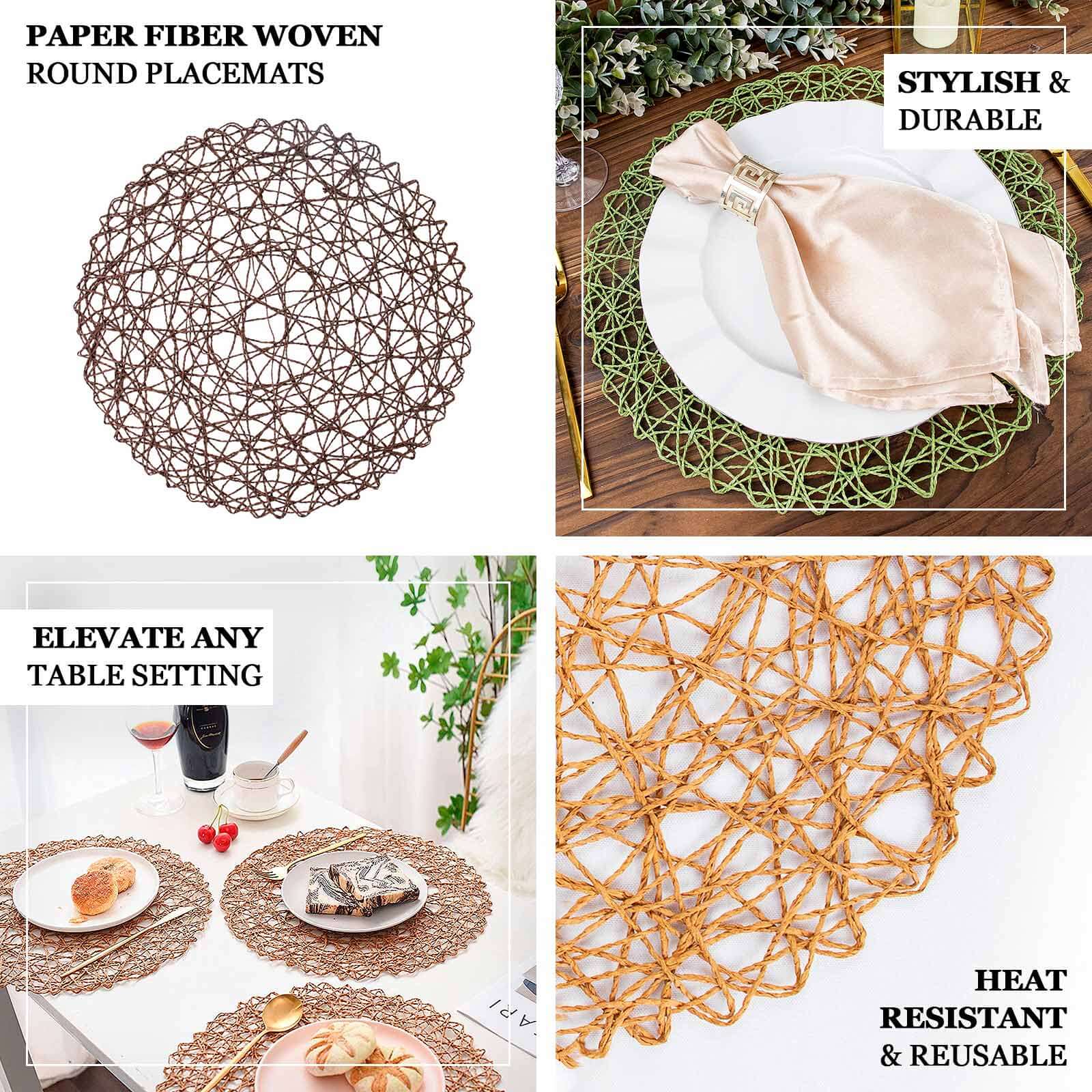 6-Pack Table Placemats Woven Fiber Design Dark Brown Round - Disposable Mats for Dining and Events 15