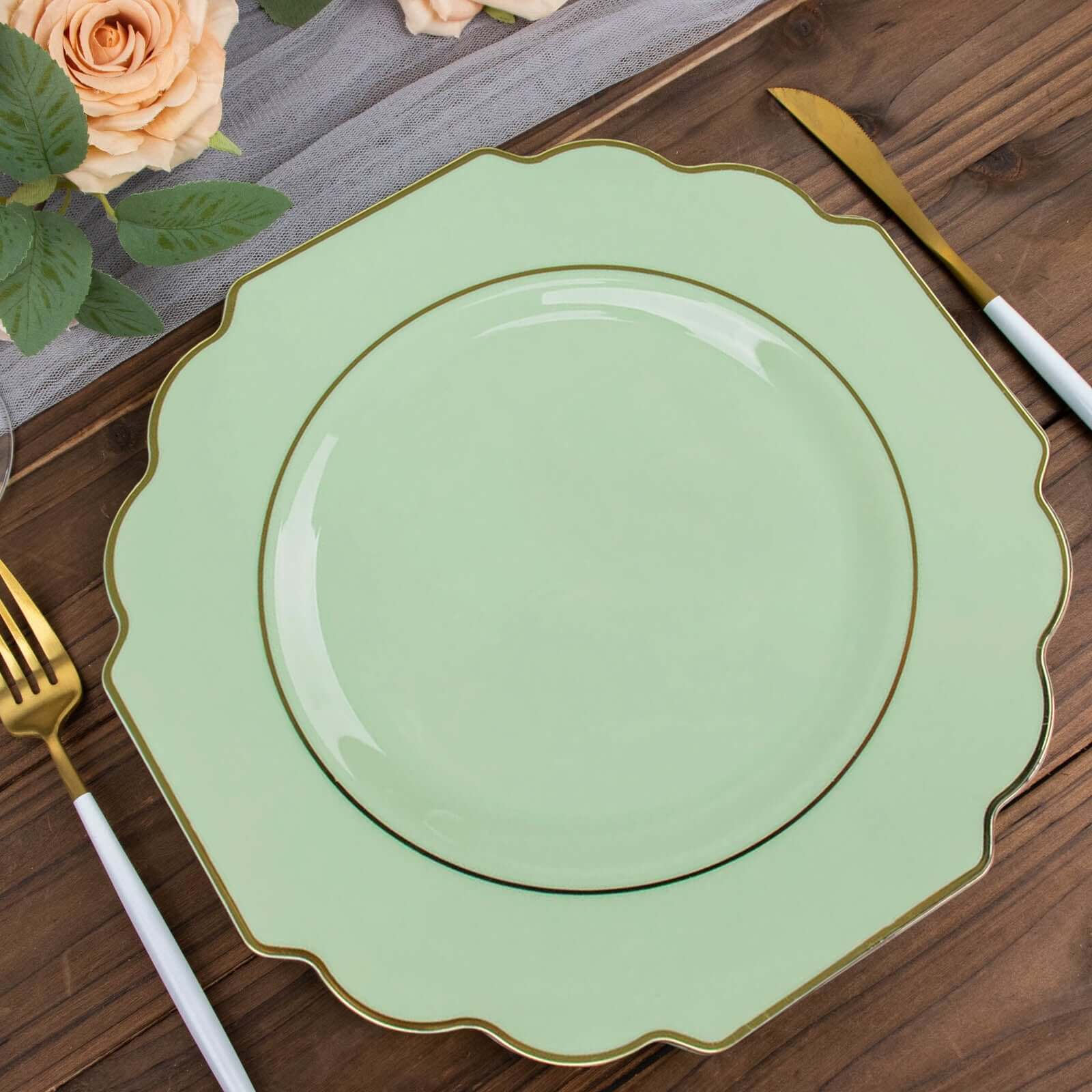 10-Pack Plastic Dinner Plates in Sage Green Baroque Design with Scalloped Gold Rim - Heavy Duty Disposable Party Plates 11