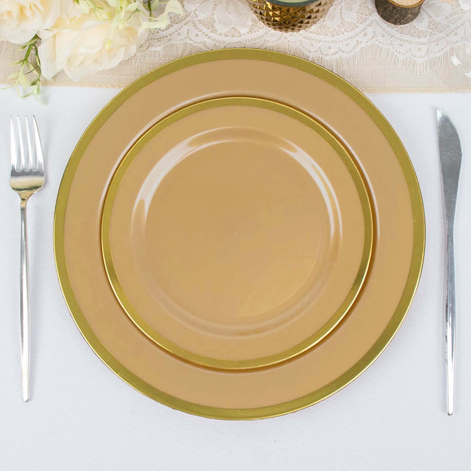 10-Pack Plastic 7 Round Appetizer Plates in Gold with Gold Rim - Sleek Disposable Salad Plates for Banquets & Special Occasions