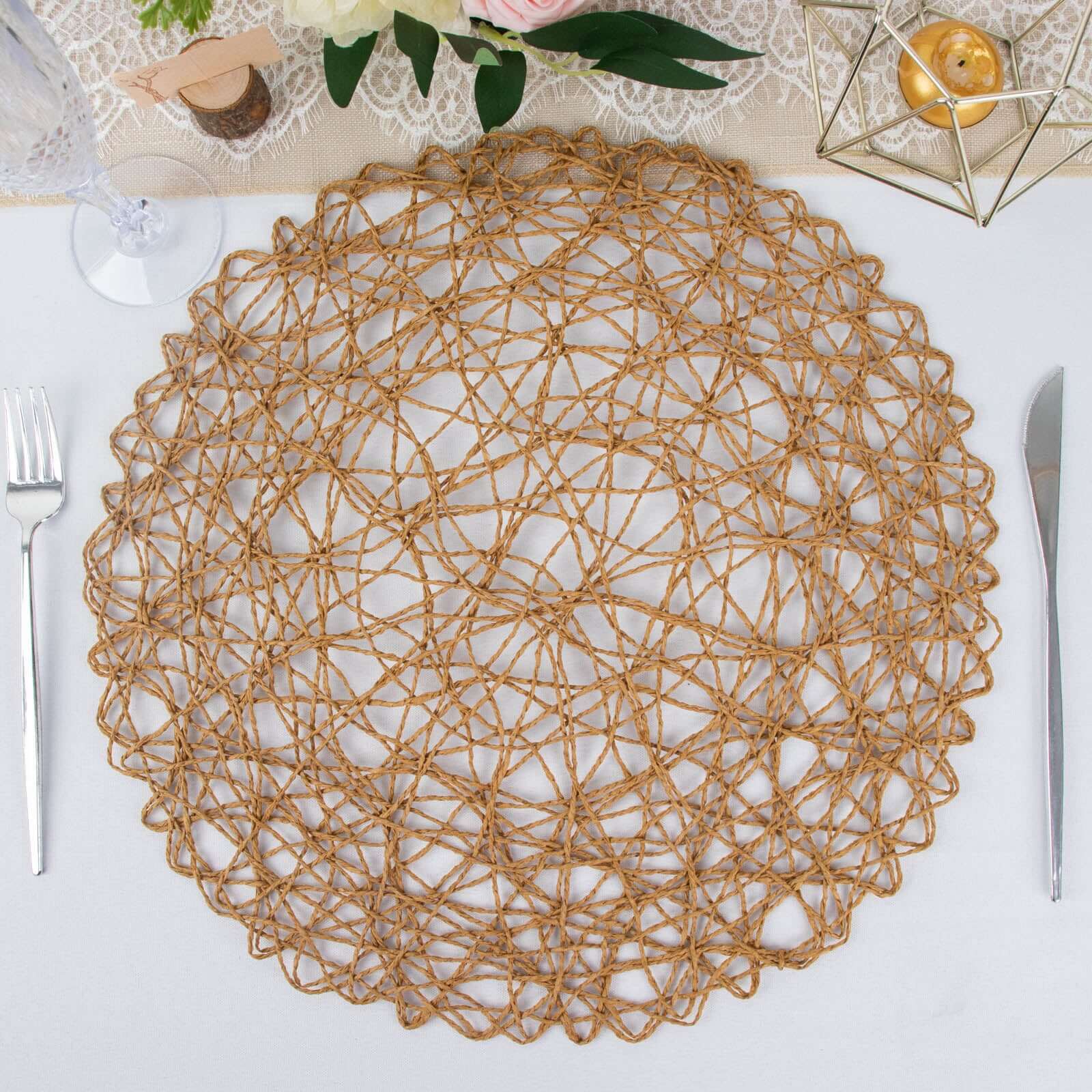 6-Pack Table Placemats Woven Fiber Design Natural Round - Disposable Mats for Dining and Events 15