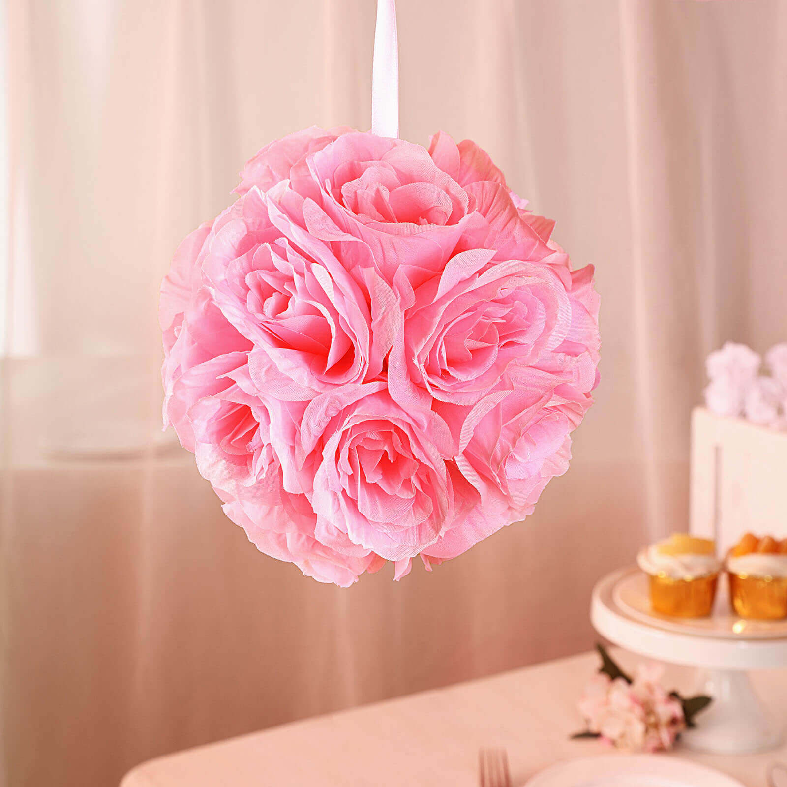 2 Pack 7 Pink Artificial Silk Rose Kissing Ball, Faux Flower Ball