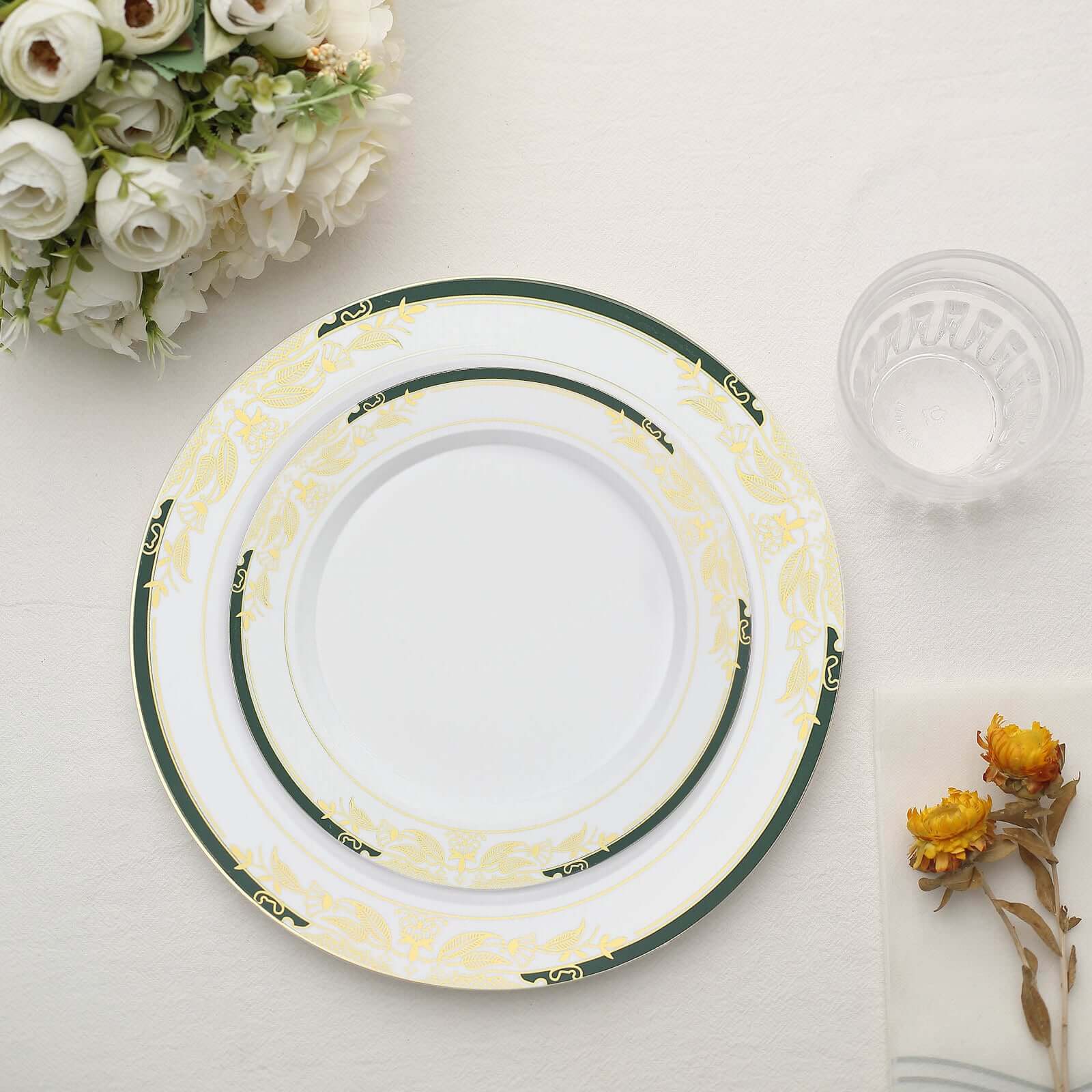 10-Pack Plastic 8 Round Dessert Plates in White with Hunter Emerald Green Rim - Stylish Gold Vine Design Disposable Salad/Appetizer Plates for Special Occasions & Celebrations