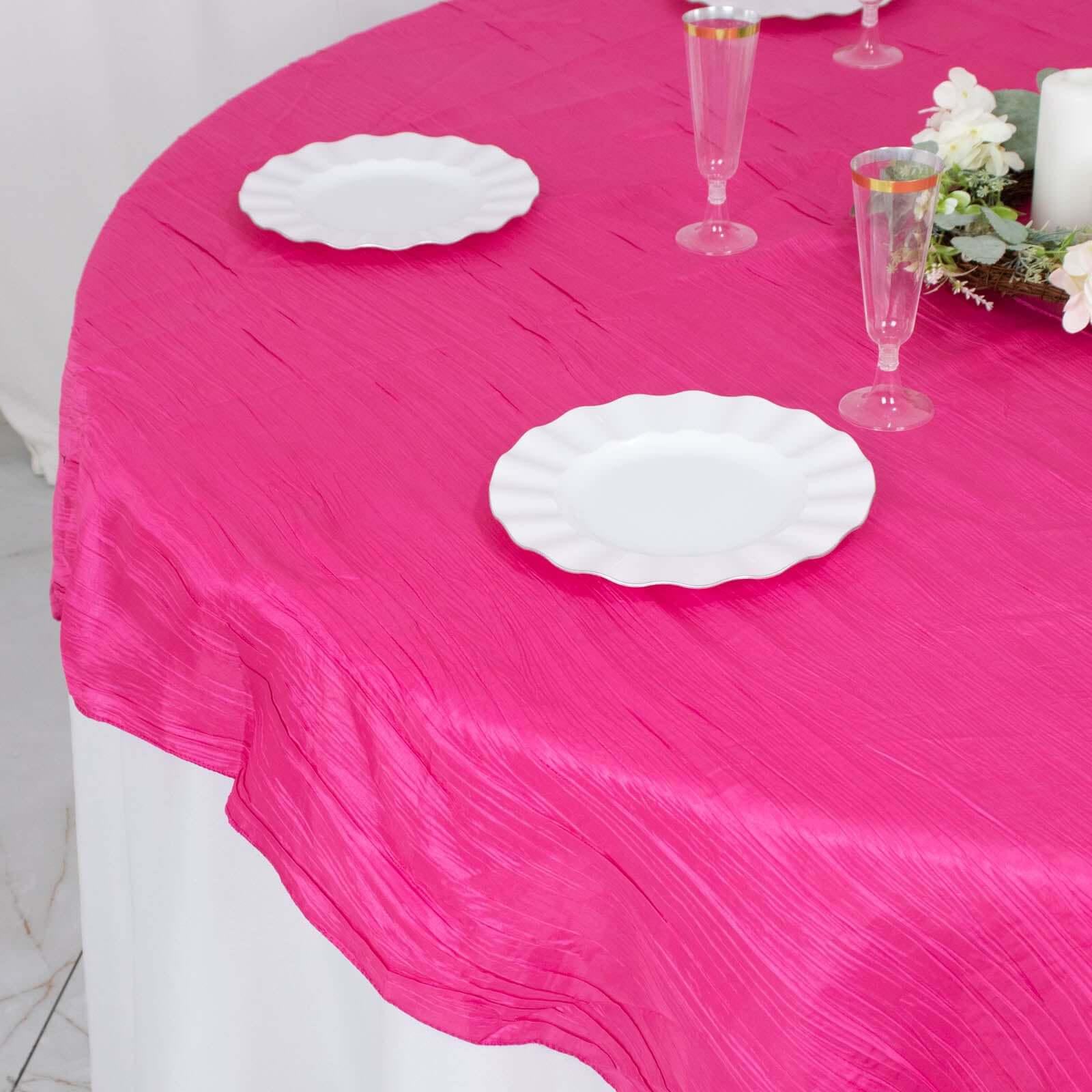 Taffeta 72x72 Table Overlay Square Tablecloth Fuchsia - Accordion Crinkle Table Cover