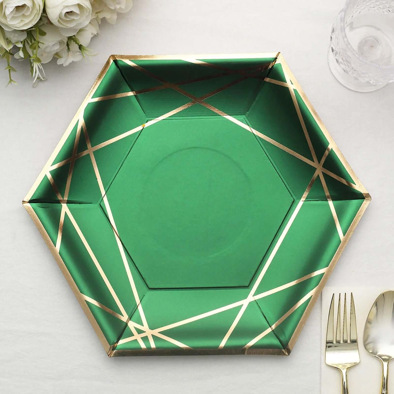 25-Pack Paper 9 Hexagon Dinner Plates in Hunter Emerald Green with Gold Geometric Lines & Rim - Stylish Disposable Geometric 300GSM Party Plates