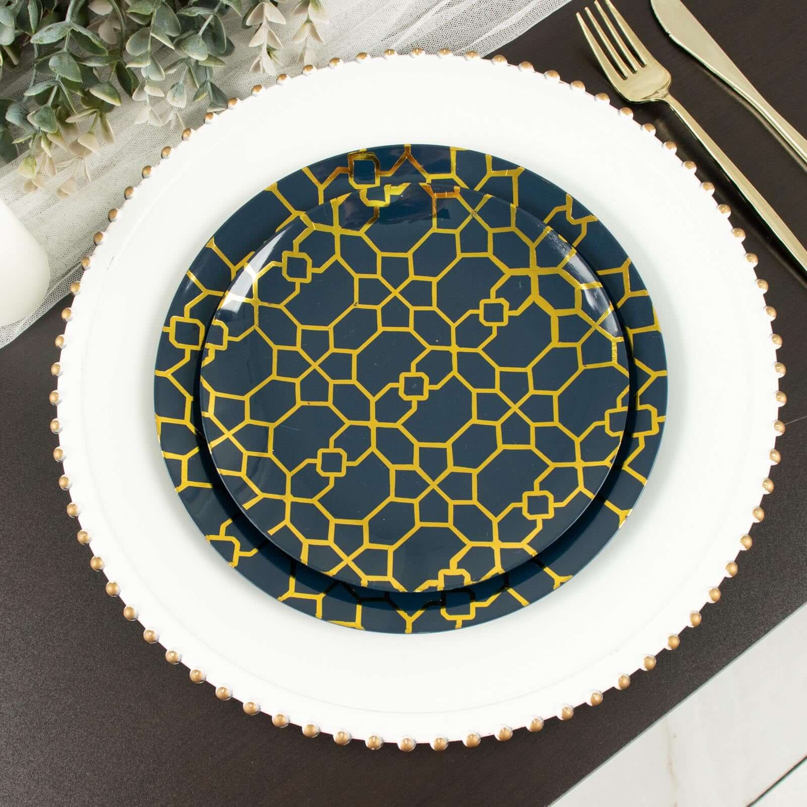 20-Pack Set Plastic Round Dinner and Salad Plates in Navy Blue with Geometric Gold Print - Modern Disposable Dinnerware Set for Weddings & Celebrations 9, 7