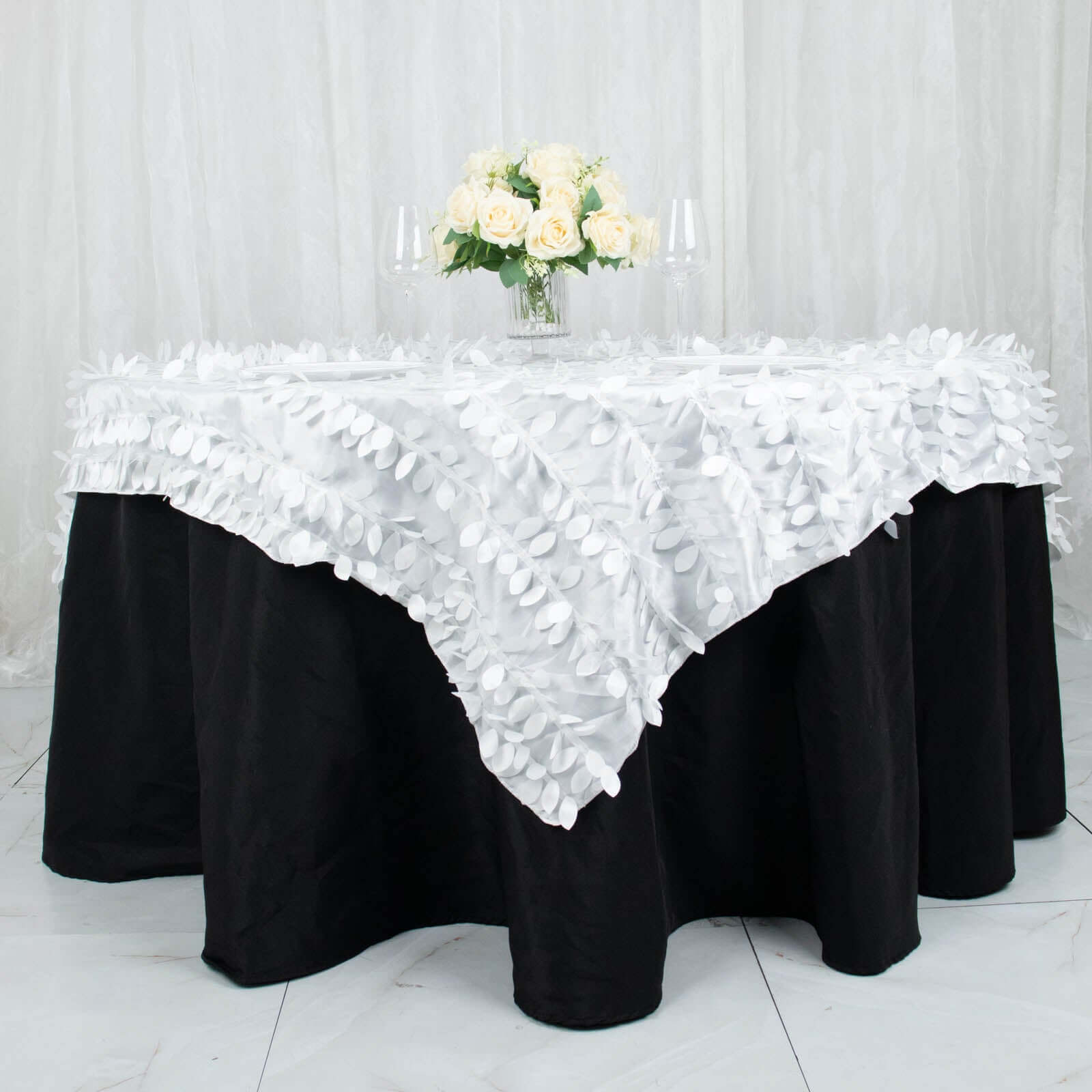 Taffeta 72x72 Table Overlay Square Tablecloth White 3D Leaf Petal Design for Stylish Celebrations