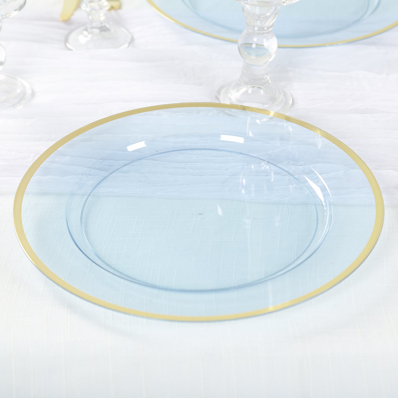 10-Pack Economy Plastic Round Charger Plates 12 in Transparent Dusty Blue with Wide Gold Rim, Decorative Dinner Party Serving Plates