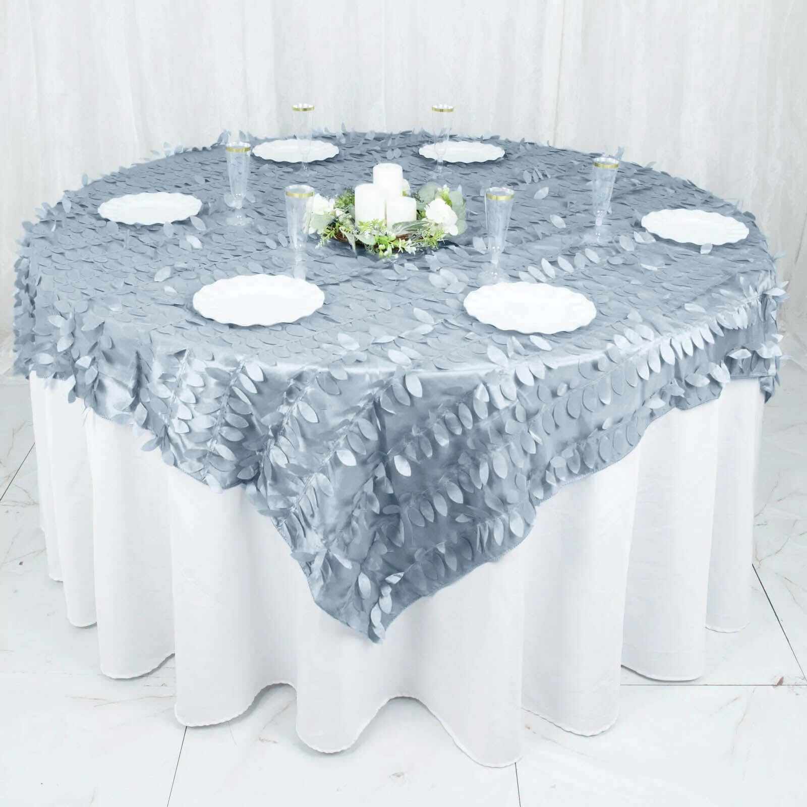 Taffeta 72x72 Table Overlay Square Tablecloth Dusty Blue - 3D Leaf Petal Table Cover