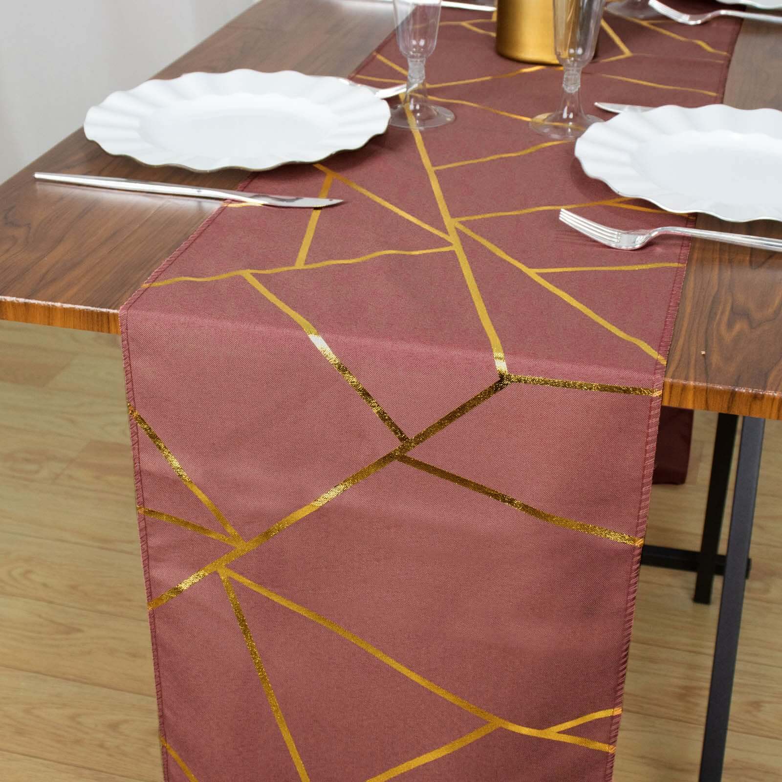 Polyester 9ft Table Runner Cinnamon Rose with Gold Foil Modern Geometric Accent