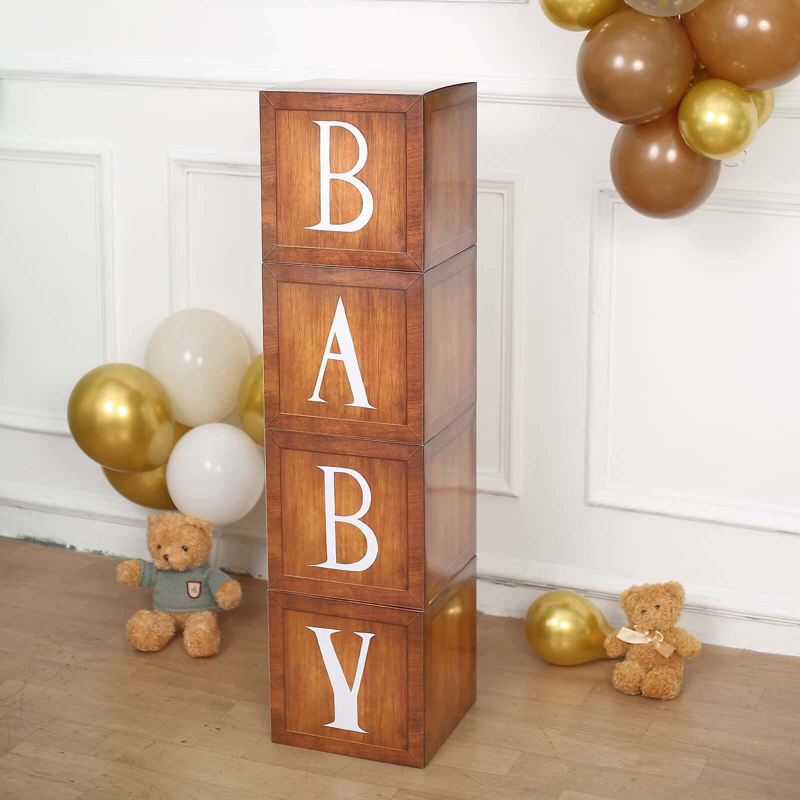 4 Pack Wood Grain Brown Boho Design DIY Prop Balloon Boxes, Gender Neutral Baby Shower Party Decorations