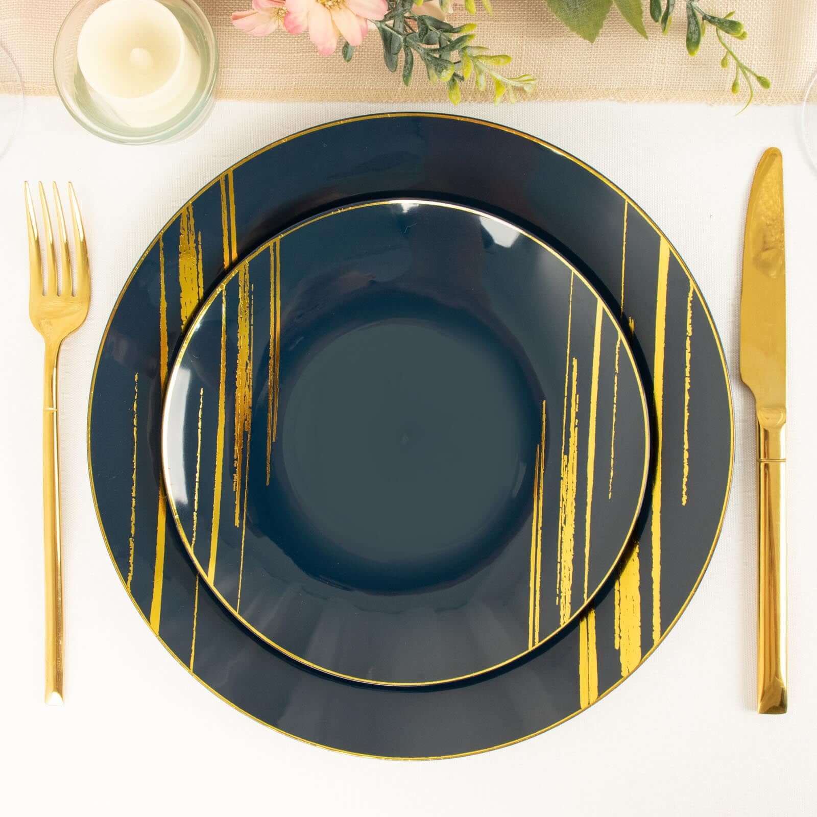 10-Pack Plastic 7 Round Dessert Plates in Navy Blue with Gold Brush Stroked Print - Disposable Appetizer Salad Plates