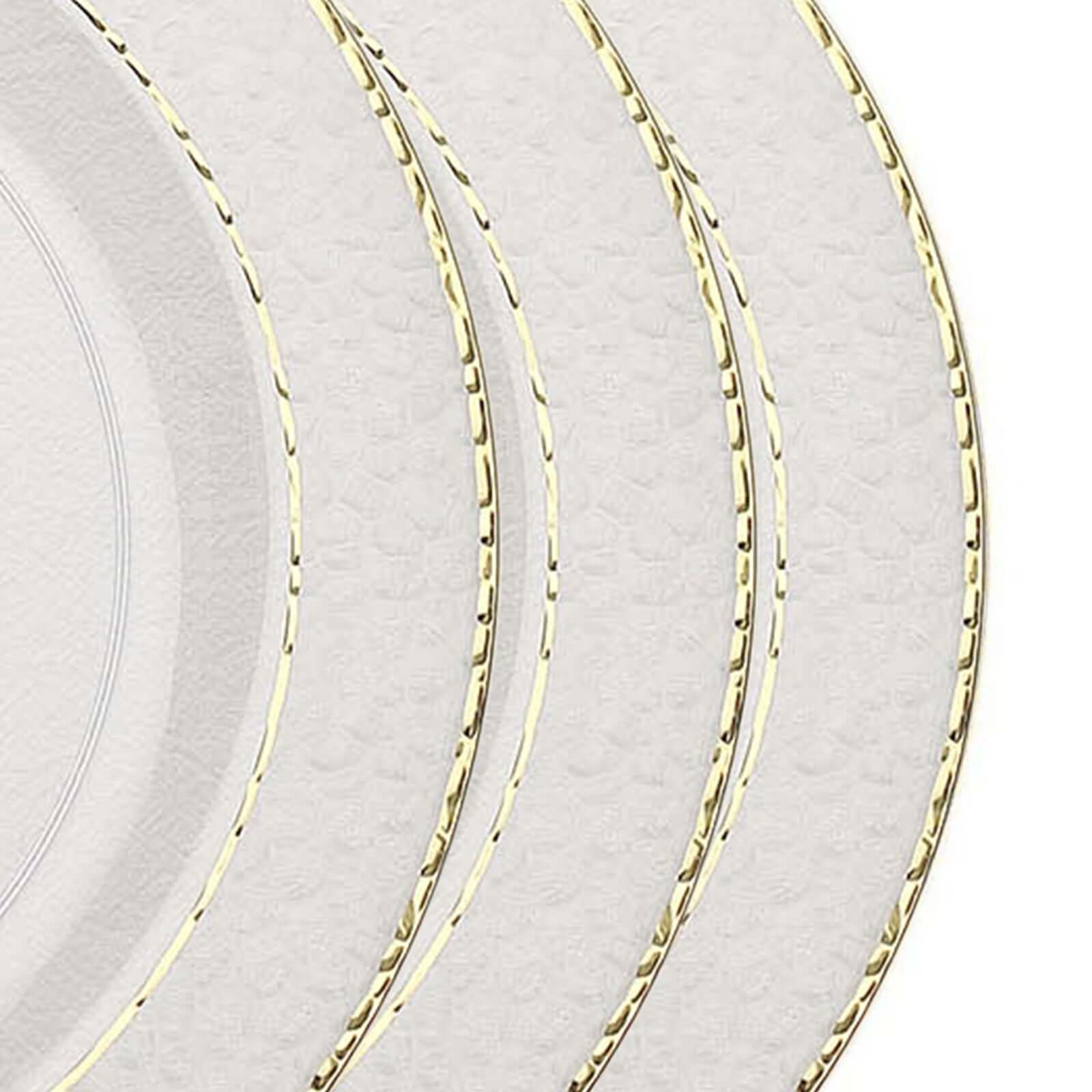 10-Pack Plastic 10 Round Dinner Plates in Clear Hammered Design with Gold Rim - Disposable Party Plates for Chic Banquets & Special Occasions