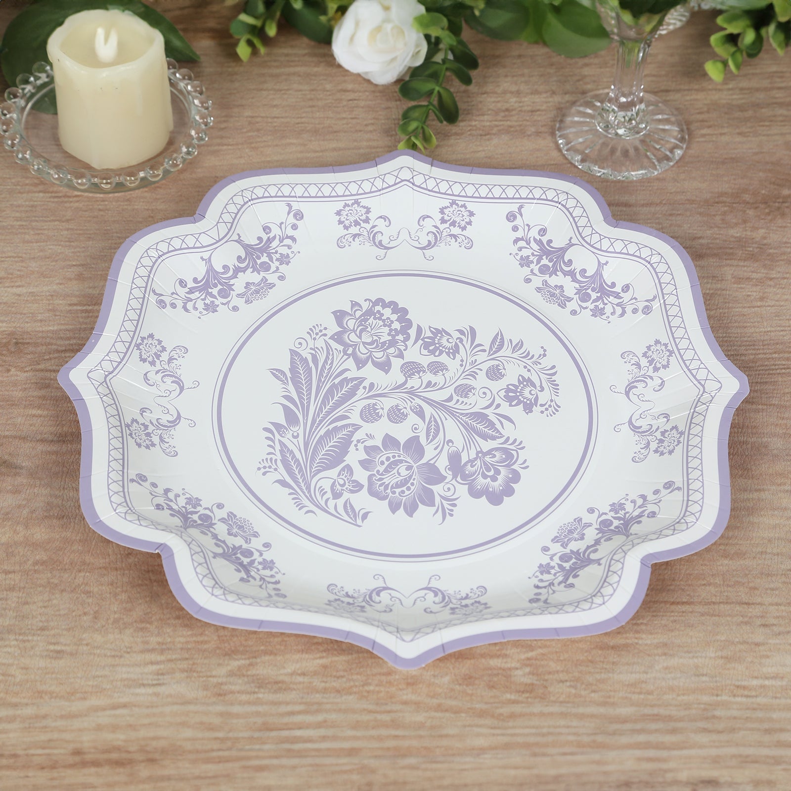 25-Pack Paper Dinner Plates in White with Lavender Lilac French Toile Print & Scallop Rim - Stylish Disposable 300GSM Floral Party Plates 10