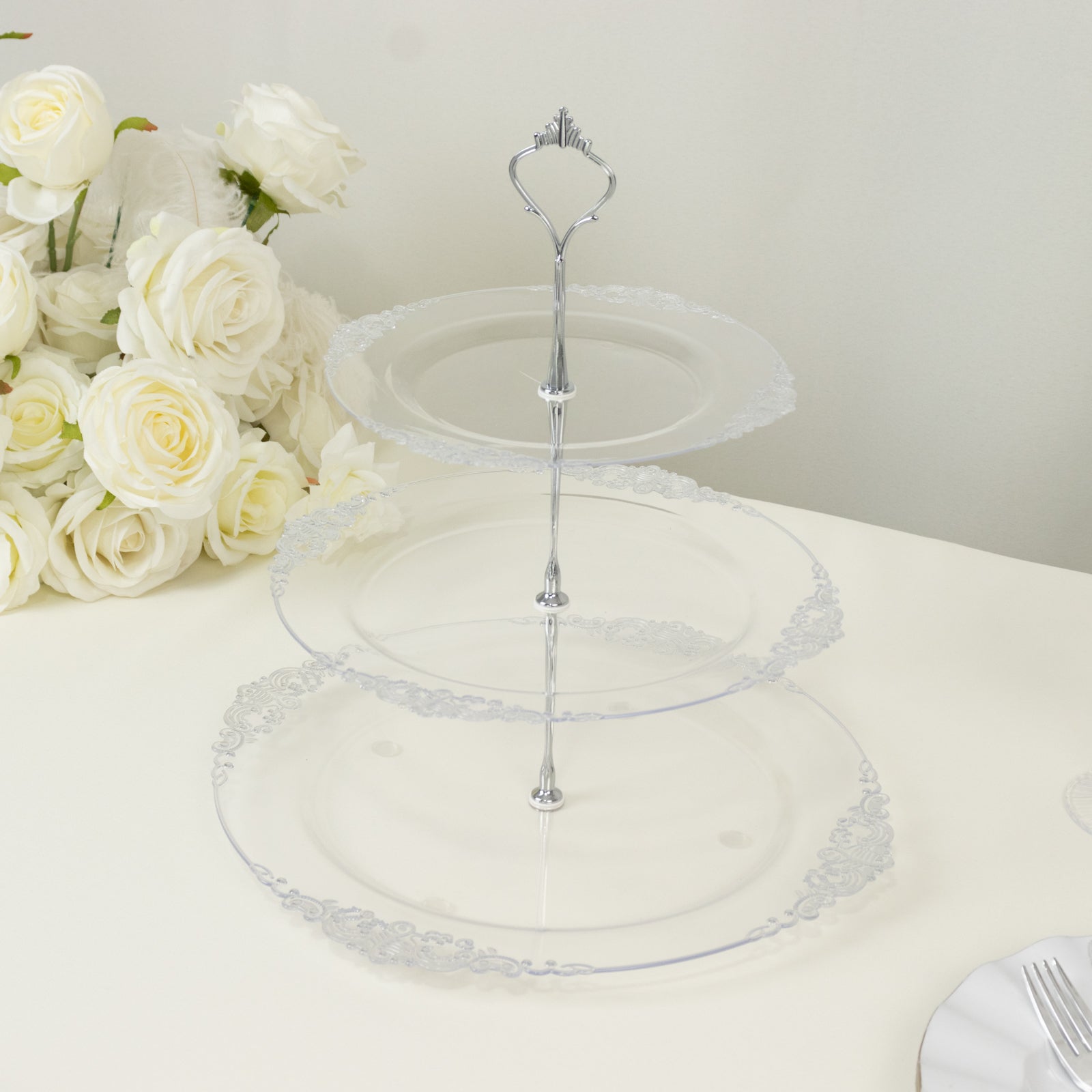 3-Tier Clear Plastic Cupcake Tower Stand with Silver Embossed Baroque Rim, 13 Round Cake Dessert Holder Display Stand Tiered Serving Tray with Top Handle