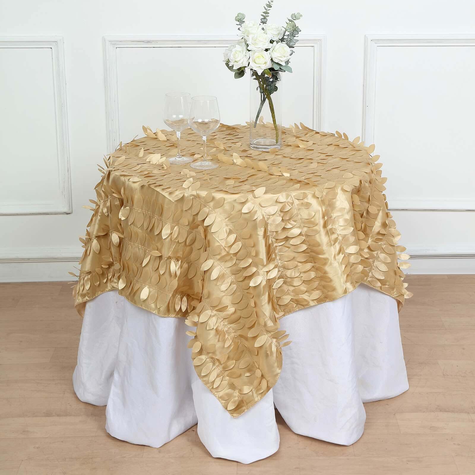 Taffeta 54x54 Table Overlay Square Tablecloth Champagne 3D Leaf Petal Table Cover