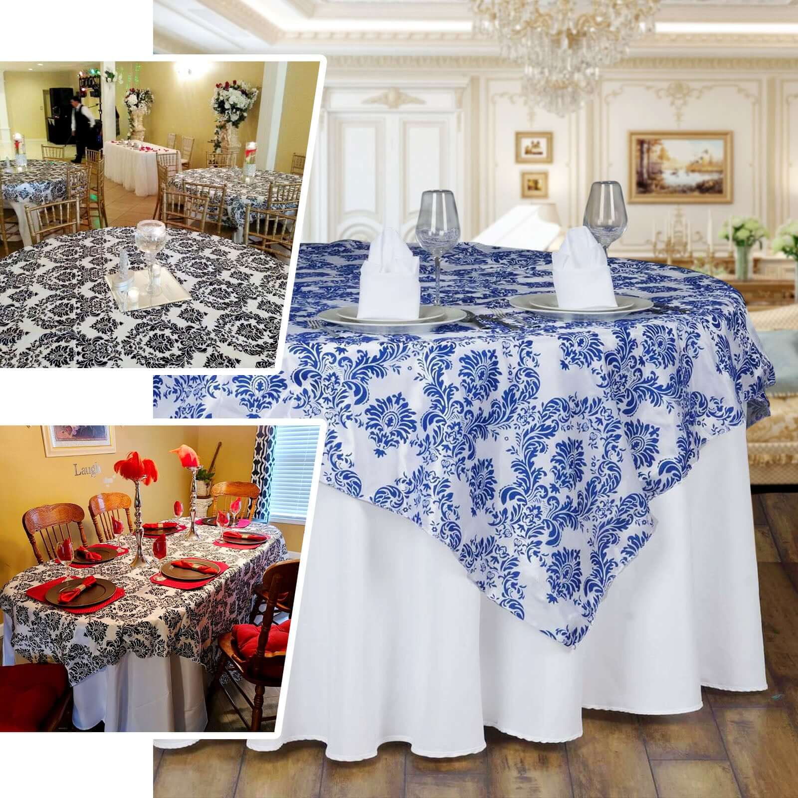 Flocking 90x90 Table Overlay Square Tablecloth Black - Damask Design for Sophisticated Occasions