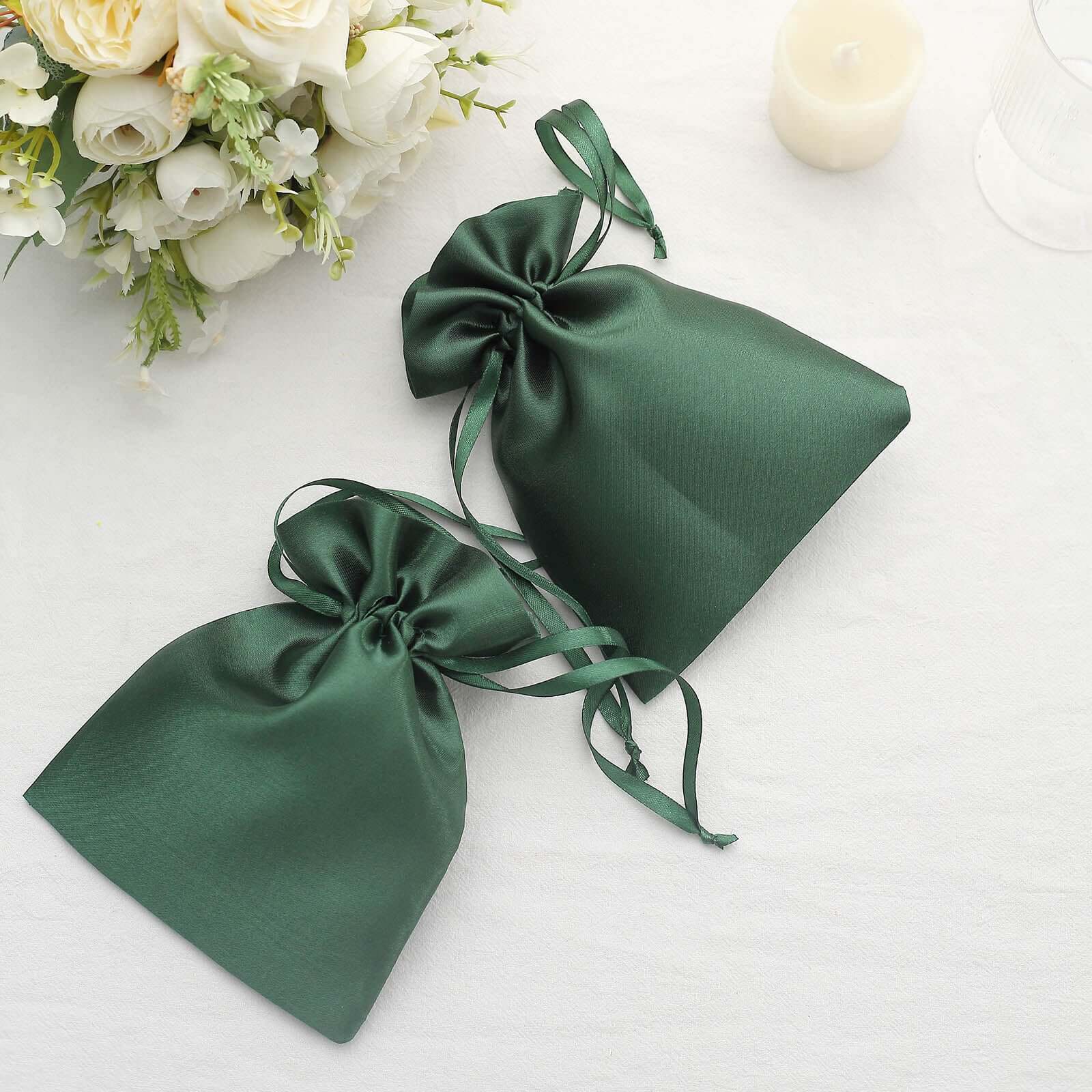 12 Pack 5x7 Hunter Emerald Green Satin Wedding Party Favor Bags, Drawstring Pouch Gift Bags