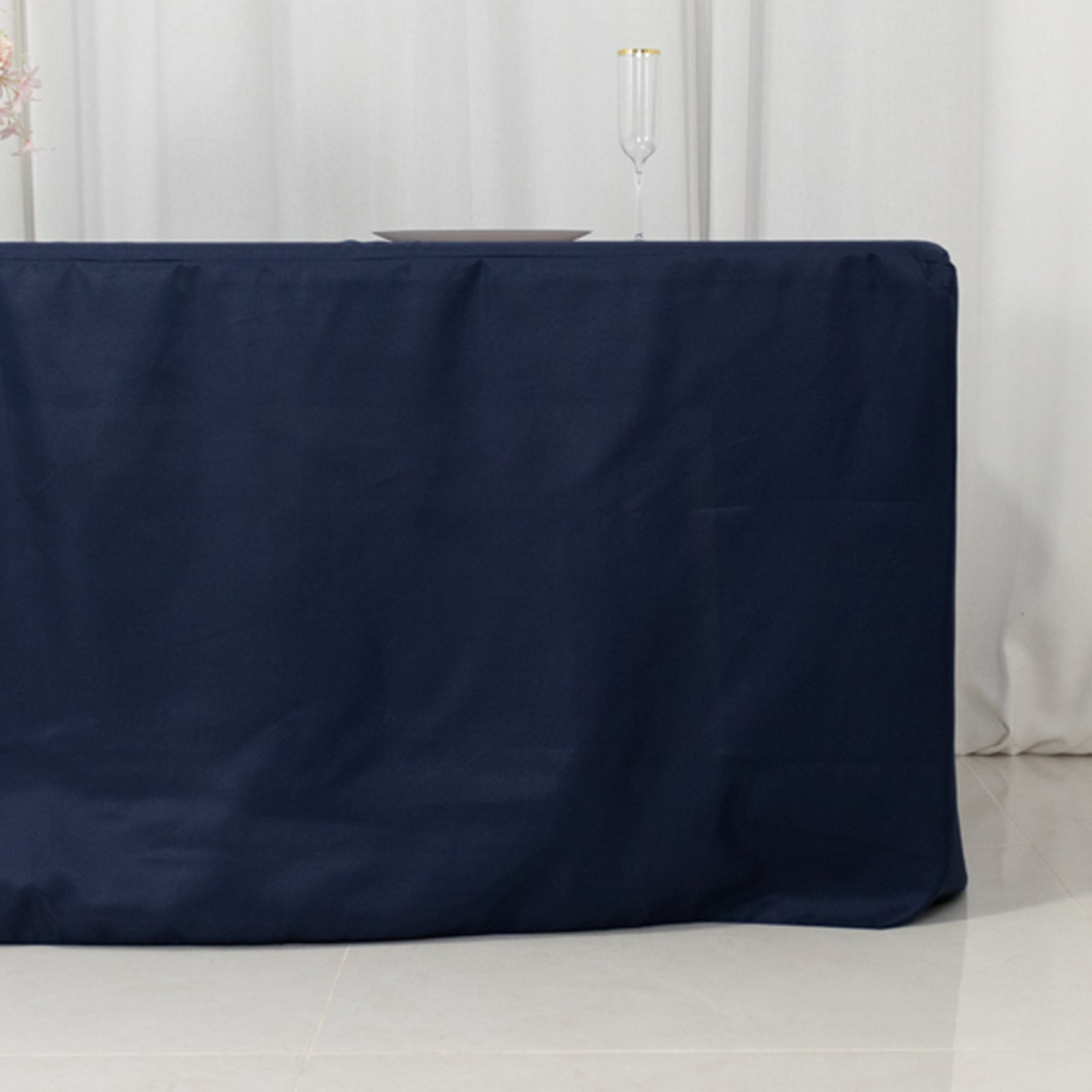 Fitted Polyester 96x30 Rectangle Tablecloth Navy Blue with Open Back Design - Easy to Maintain and Wrinkle-Resistant Table Cover for Trade Shows & Displays