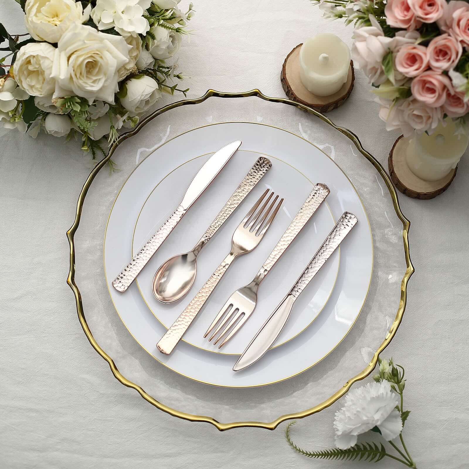 24-Pack Plastic Silverware Set with Hammered Design Rose Gold - Heavy Duty Disposable Utensils 7