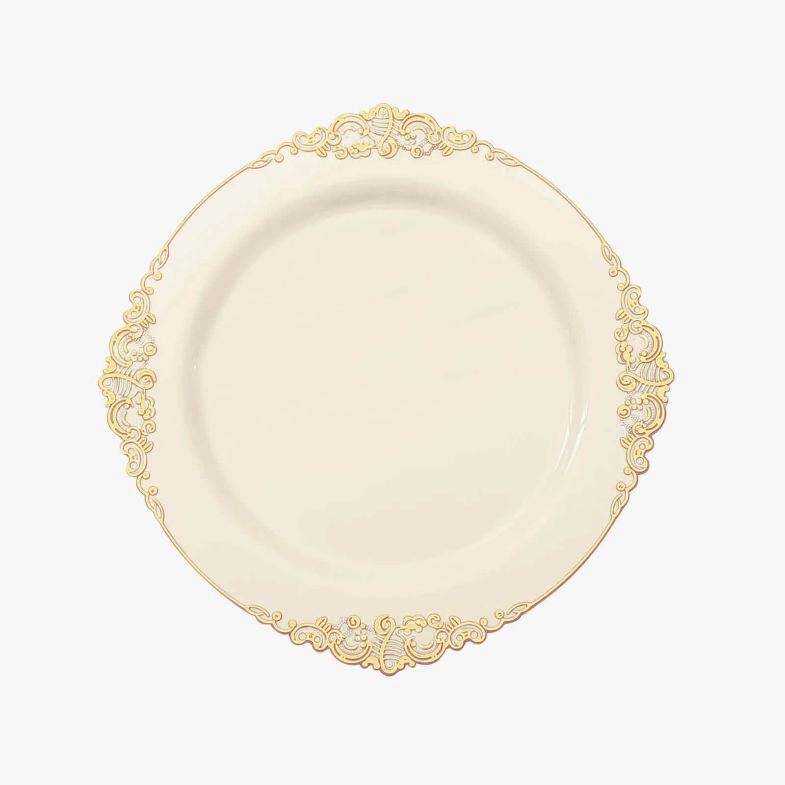 10-Pack Plastic 10 Round Dinner Plates in Ivory with Gold Leaf Embossed Rim - Disposable Vintage Baroque Style Plates