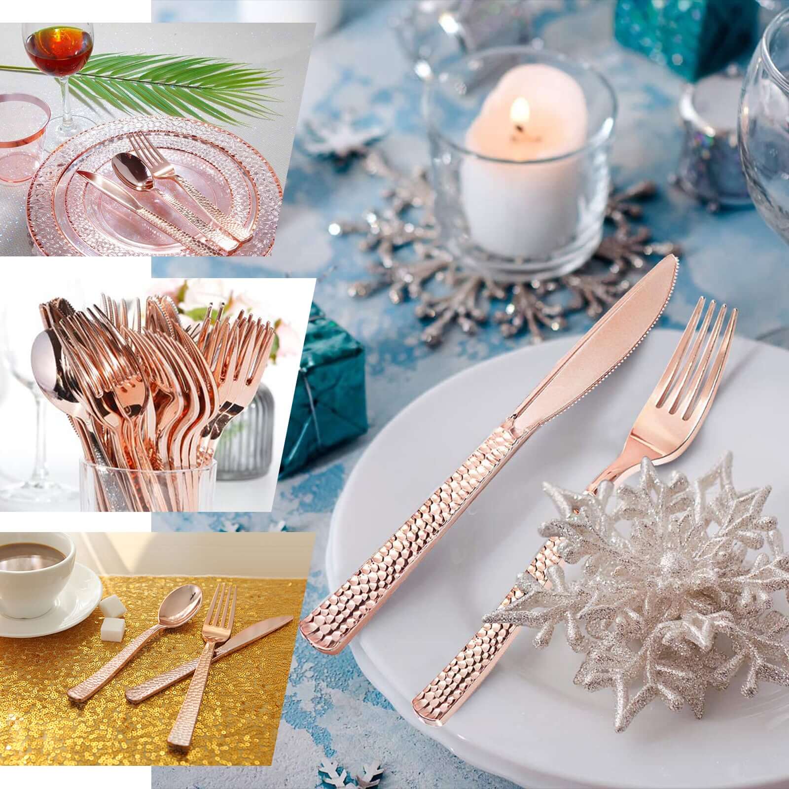 24-Pack Plastic Silverware Set with Hammered Design Rose Gold - Heavy Duty Disposable Utensils 7