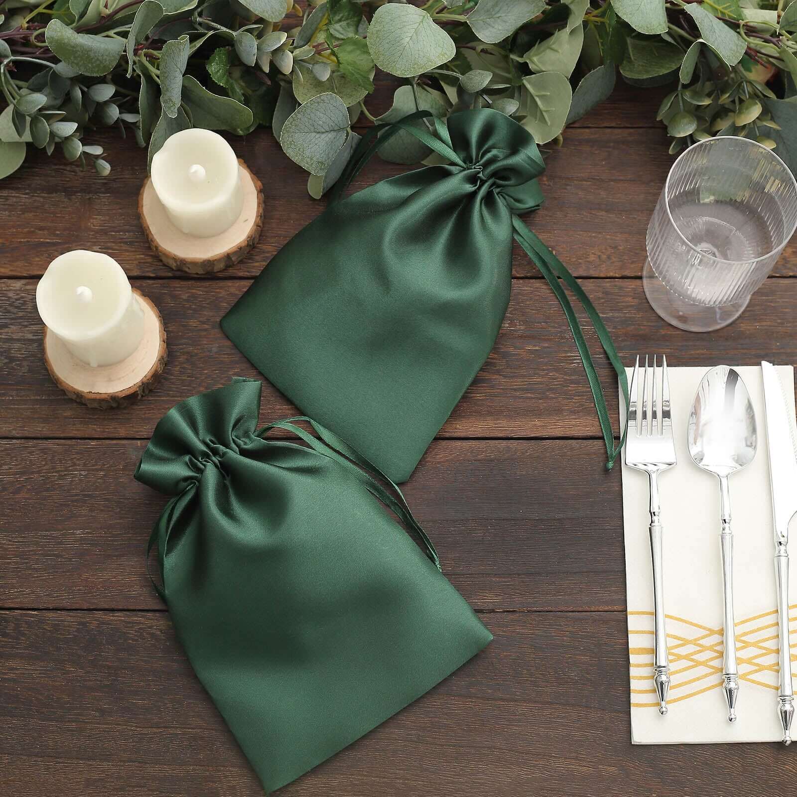 12 Pack 6x9 Hunter Emerald Green Satin Wedding Party Favor Bags, Drawstring Pouch Gift Bags