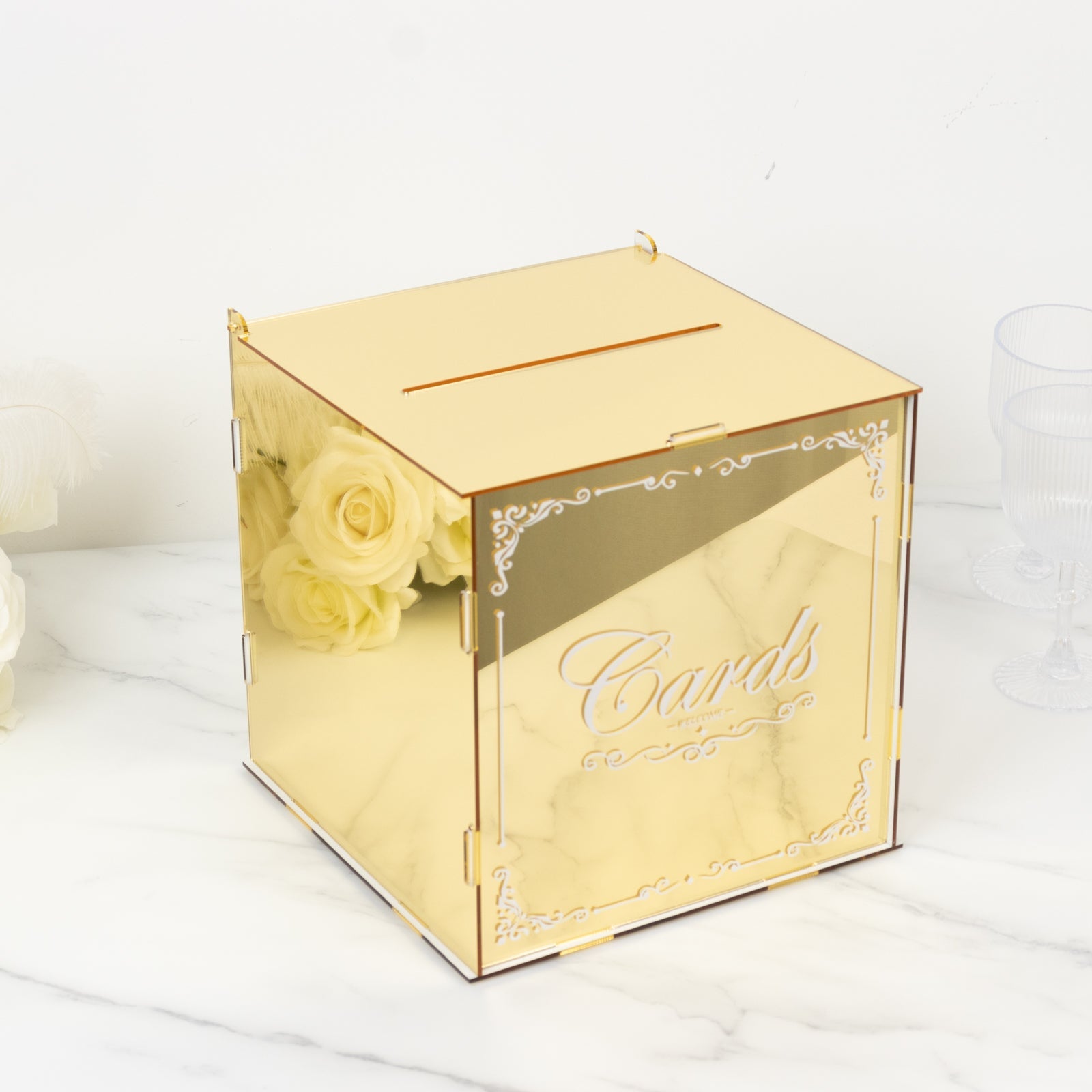 10 Gold Mirror Acrylic Wedding Card Box with Slot - Wishing Well Money Box for Reception, Graduation, and Events