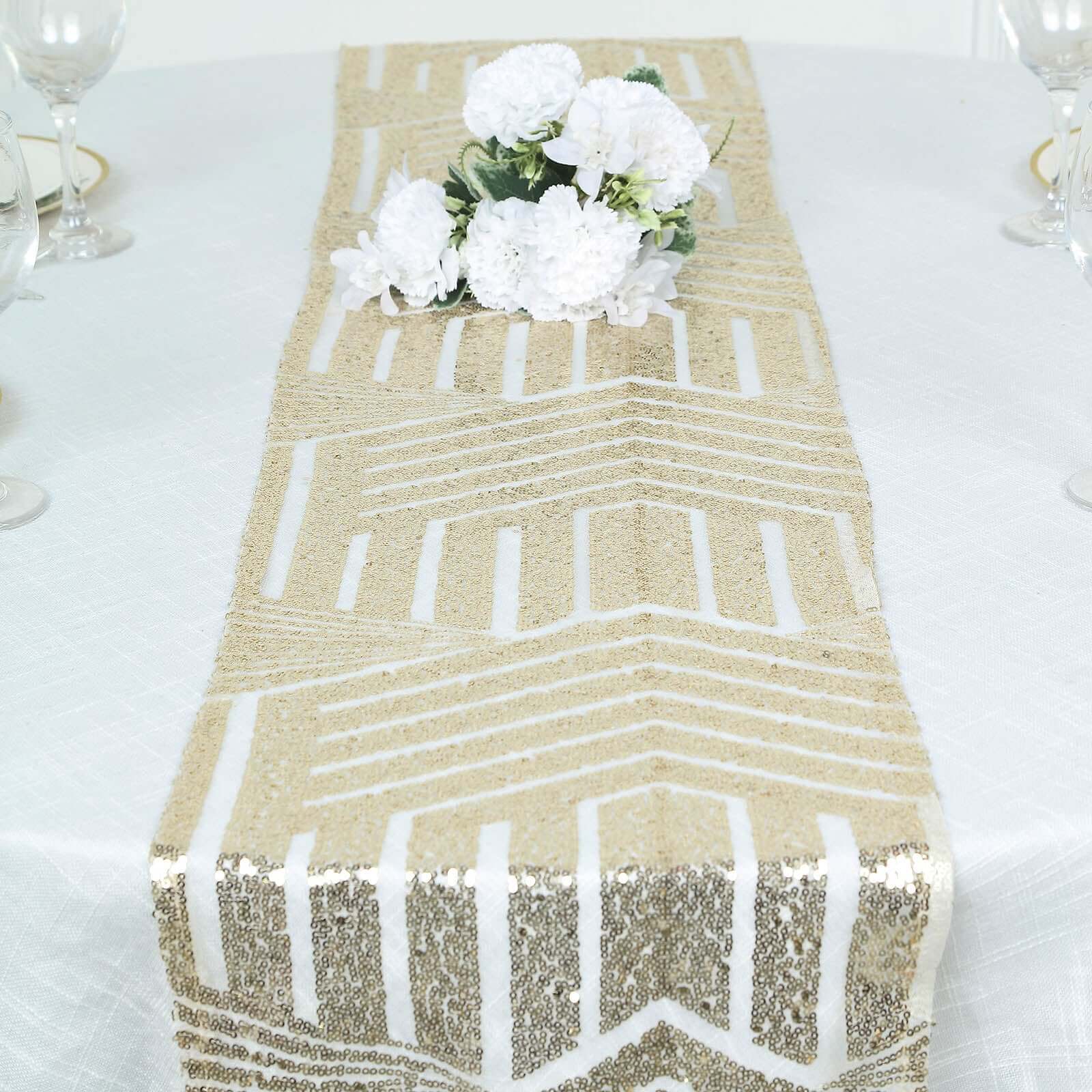 Sequin 12x108 Table Runner Champagne - Diamond Glitz Design