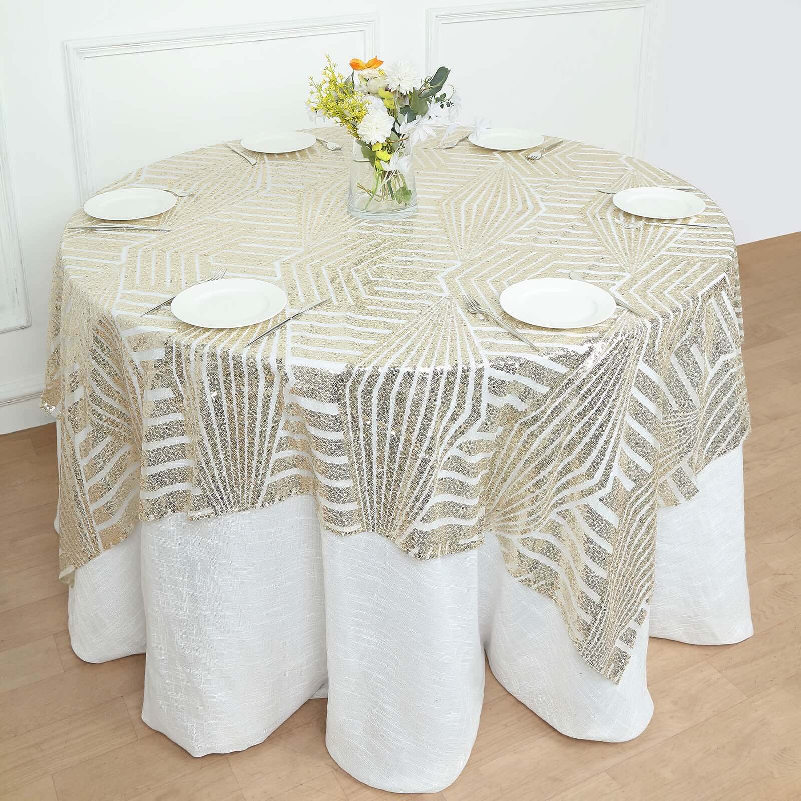 Sequin 72 Table Overlay Square Tablecloth Champagne - Diamond Glitz Table Cover