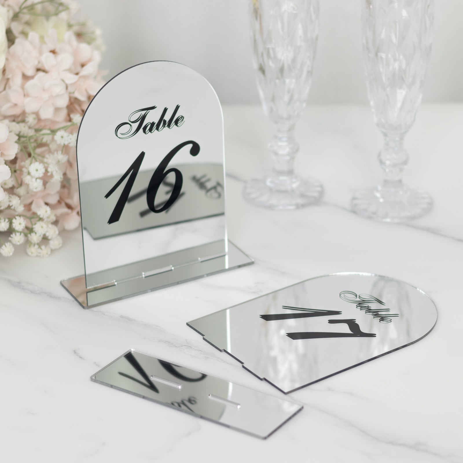 Silver Mirror Arch Acrylic Table Numbers (11-20) - 6x7 Wedding Reception Signs with Black Print & Stands