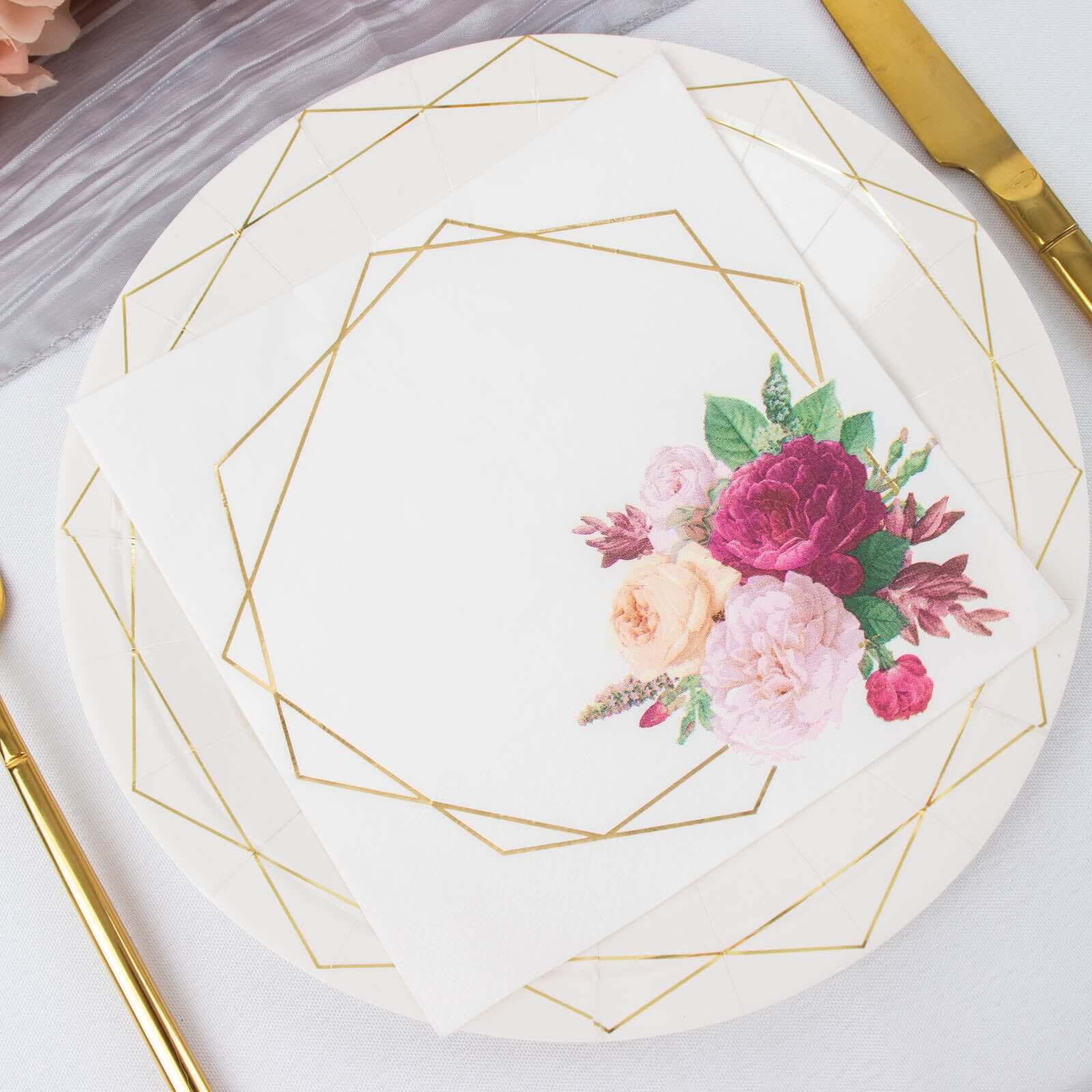 20-Pack Paper Party Napkins with Gold Hexagon Frame Floral Print White - 2 Ply Soft Disposable Beverage Napkins for Weddings 6.5x6.5