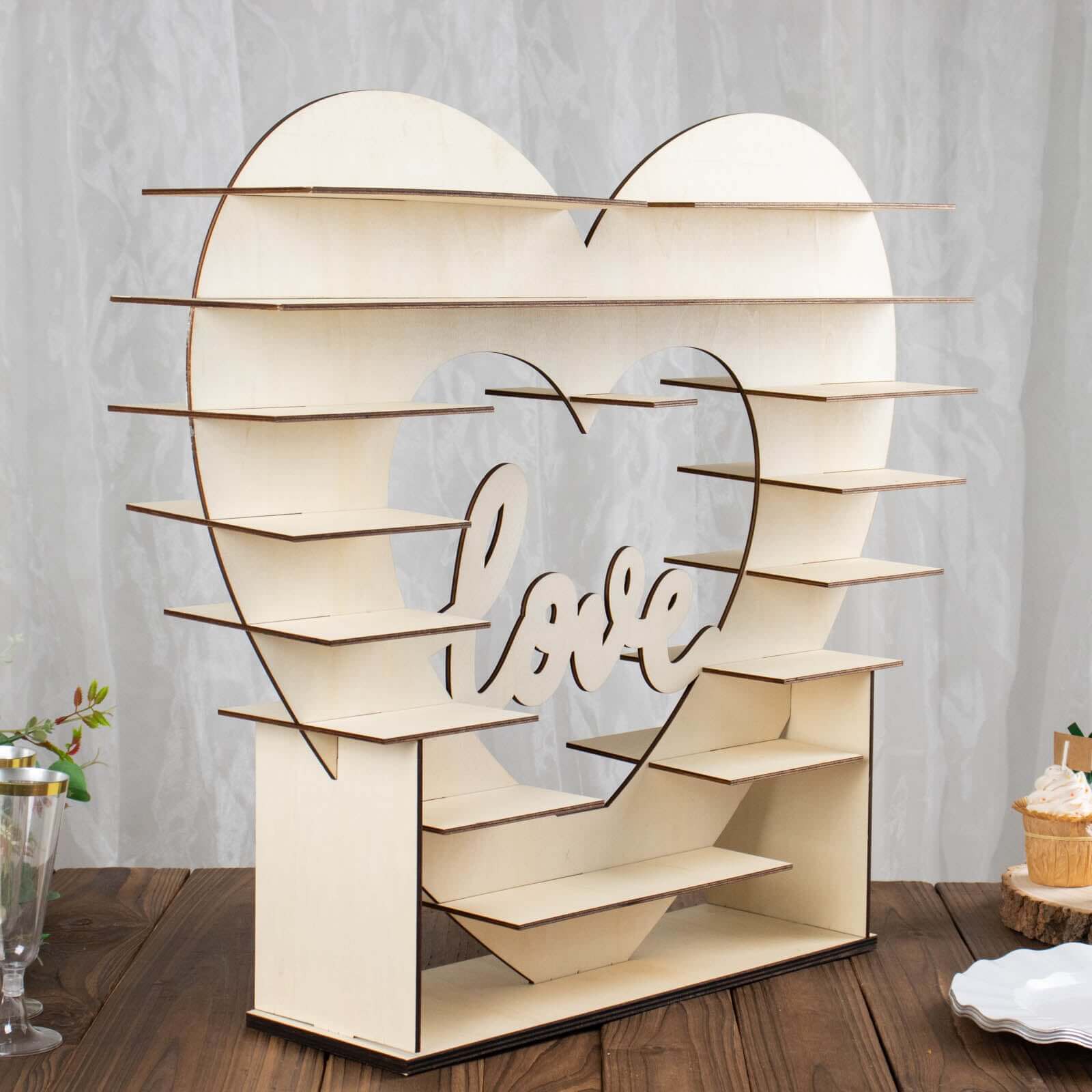 8-Layer Wooden Dessert Display Stand Heart Shaped Double Sided Design Natural - Love Cupcake Shelf Table Rack 26