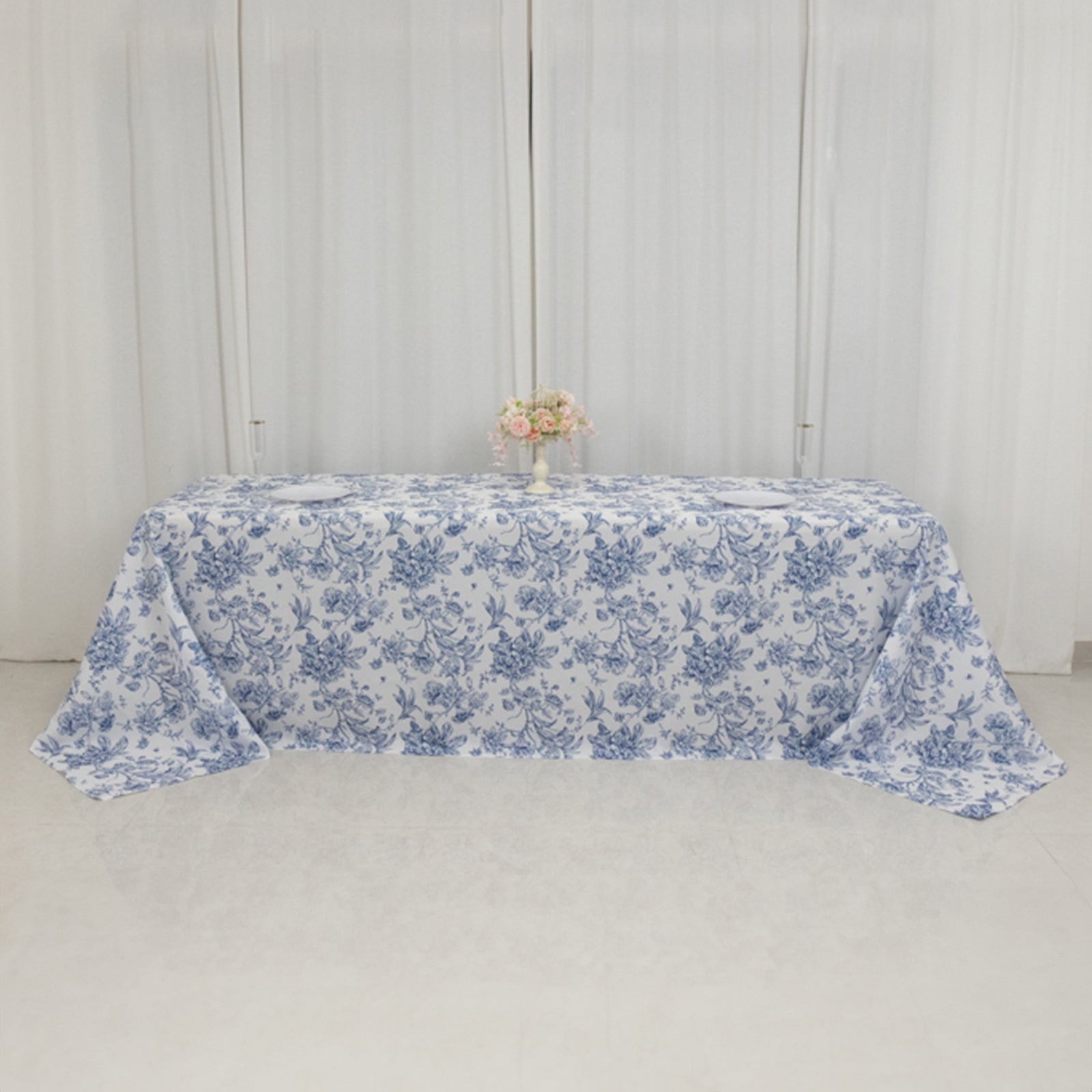 Polyester 90x156 Rectangle Tablecloth White - Seamless Blue French Toile Pattern for Chic Weddings