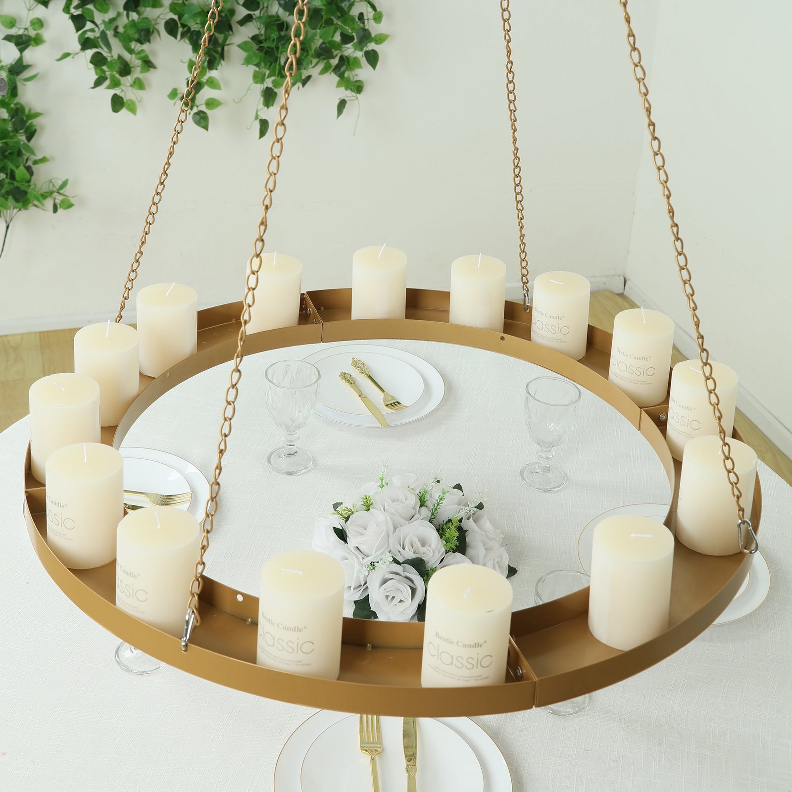 Gold Hanging Metal Floral Chandelier Frame - 32 Circular Lighting, Candle and Floral Display Base