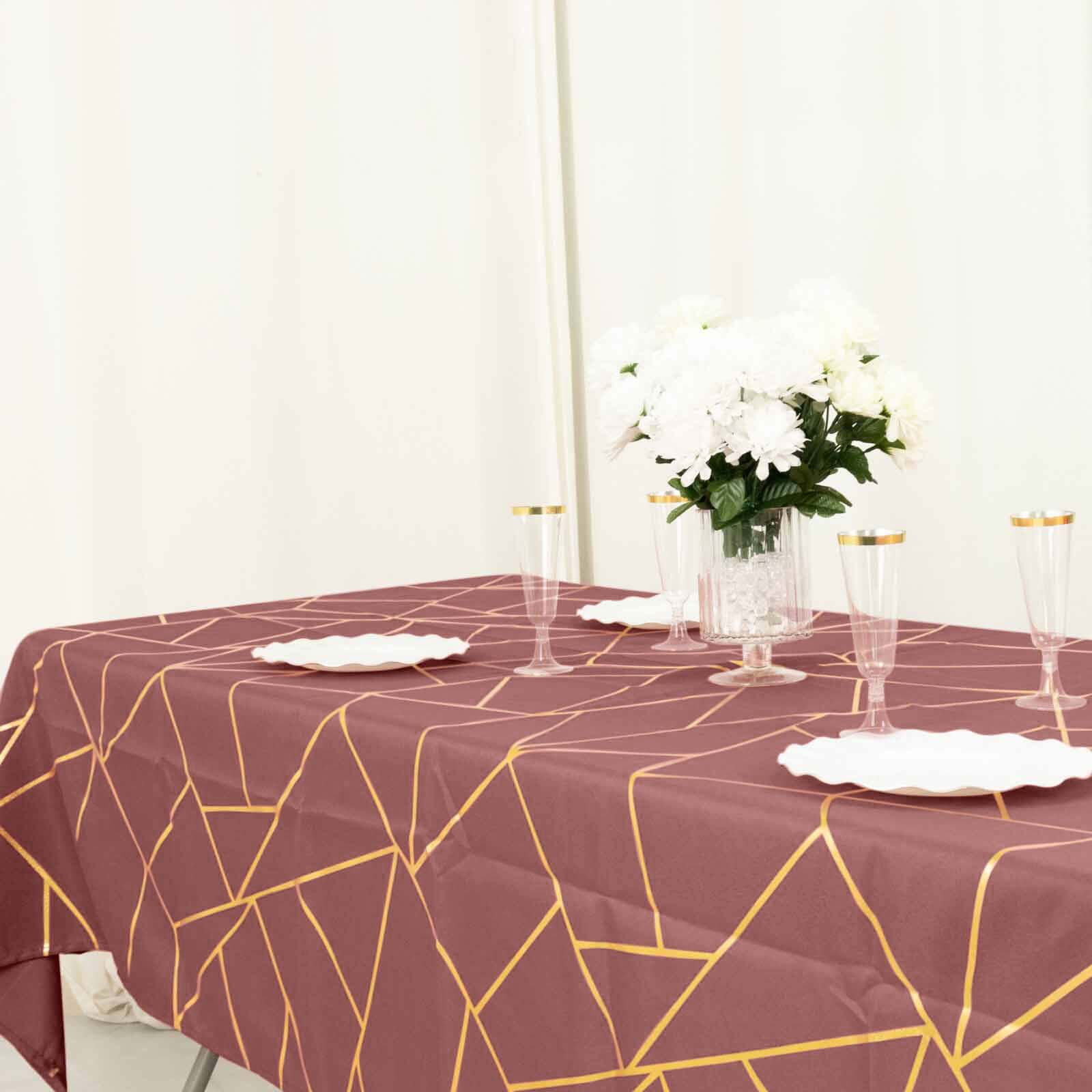 Polyester 60x102 Rectangle Tablecloth Cinnamon Rose with Gold Foil Geometric Pattern - Wrinkle-Resistant & Durable Table Cover