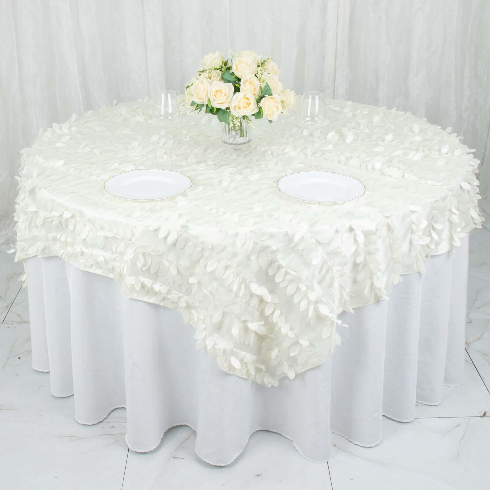 Taffeta 72x72 Table Overlay Square Tablecloth Ivory - 3D Leaf Petal Table Cover