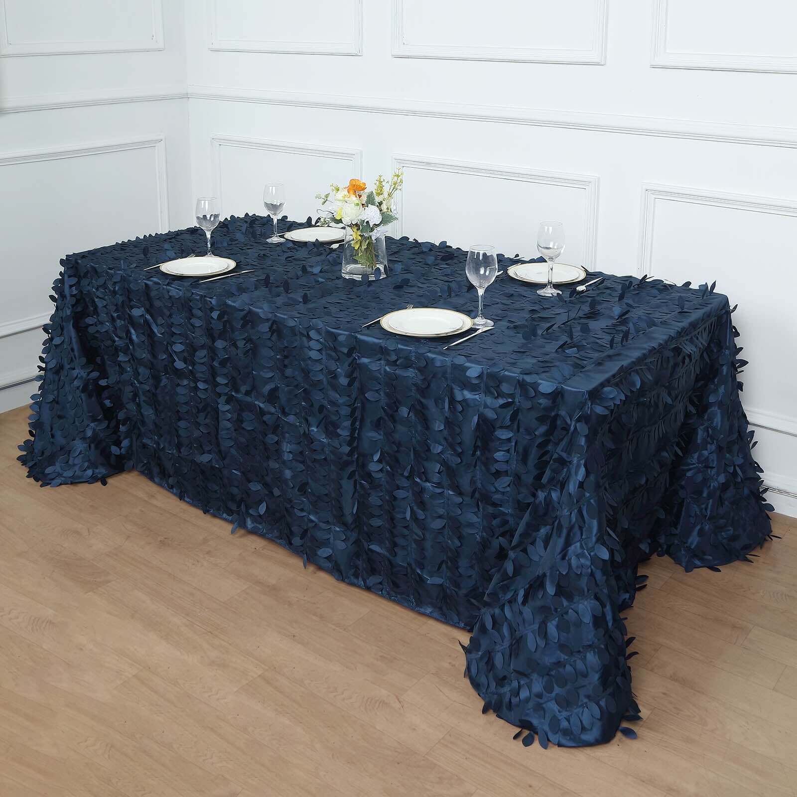 Taffeta 90x156 Rectangle Tablecloth Navy Blue | 3D Leaf Petal Design Seamless Table Cover