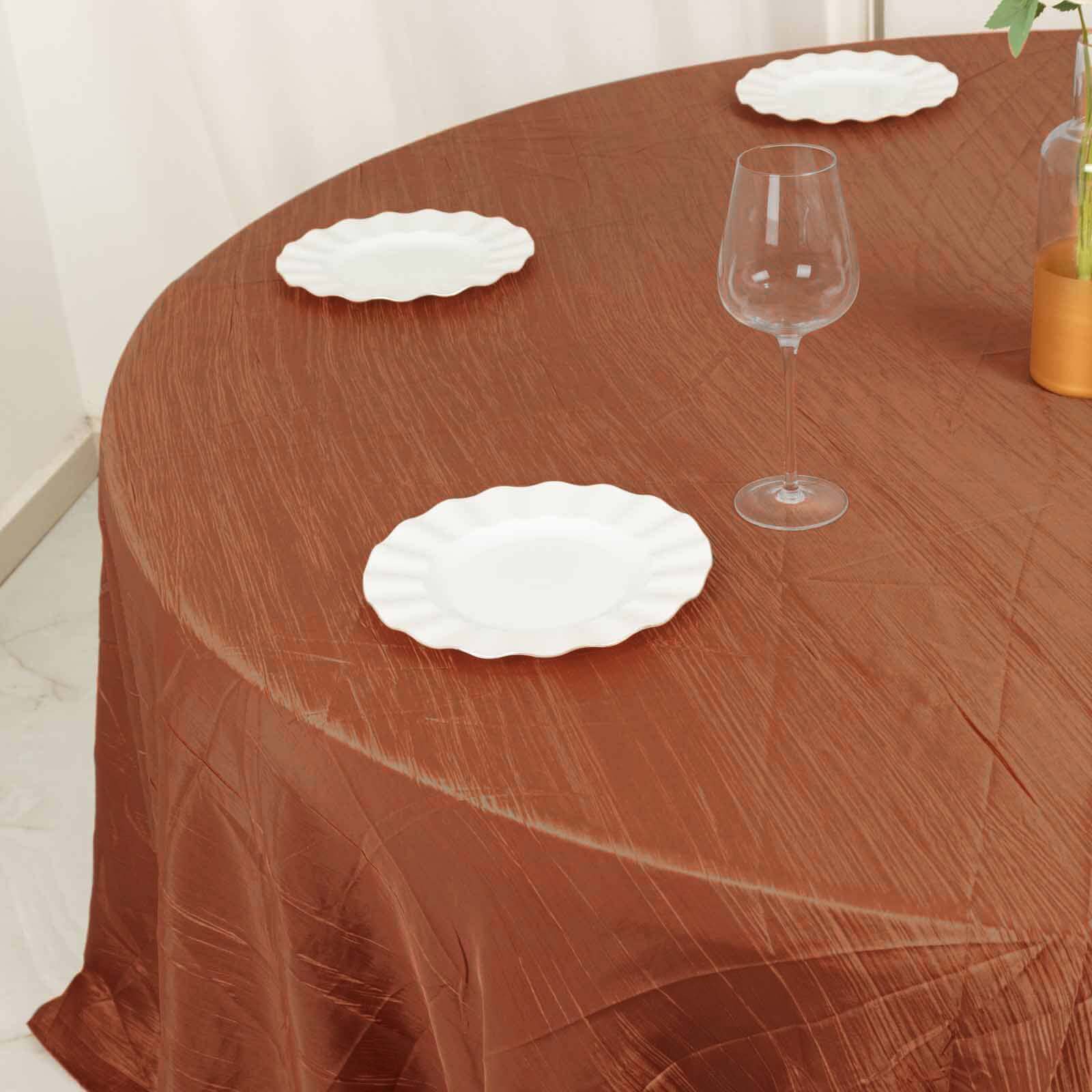 Taffeta 132 Round Tablecloth Terracotta (Rust) - Seamless Accordion Crinkle Table Cover