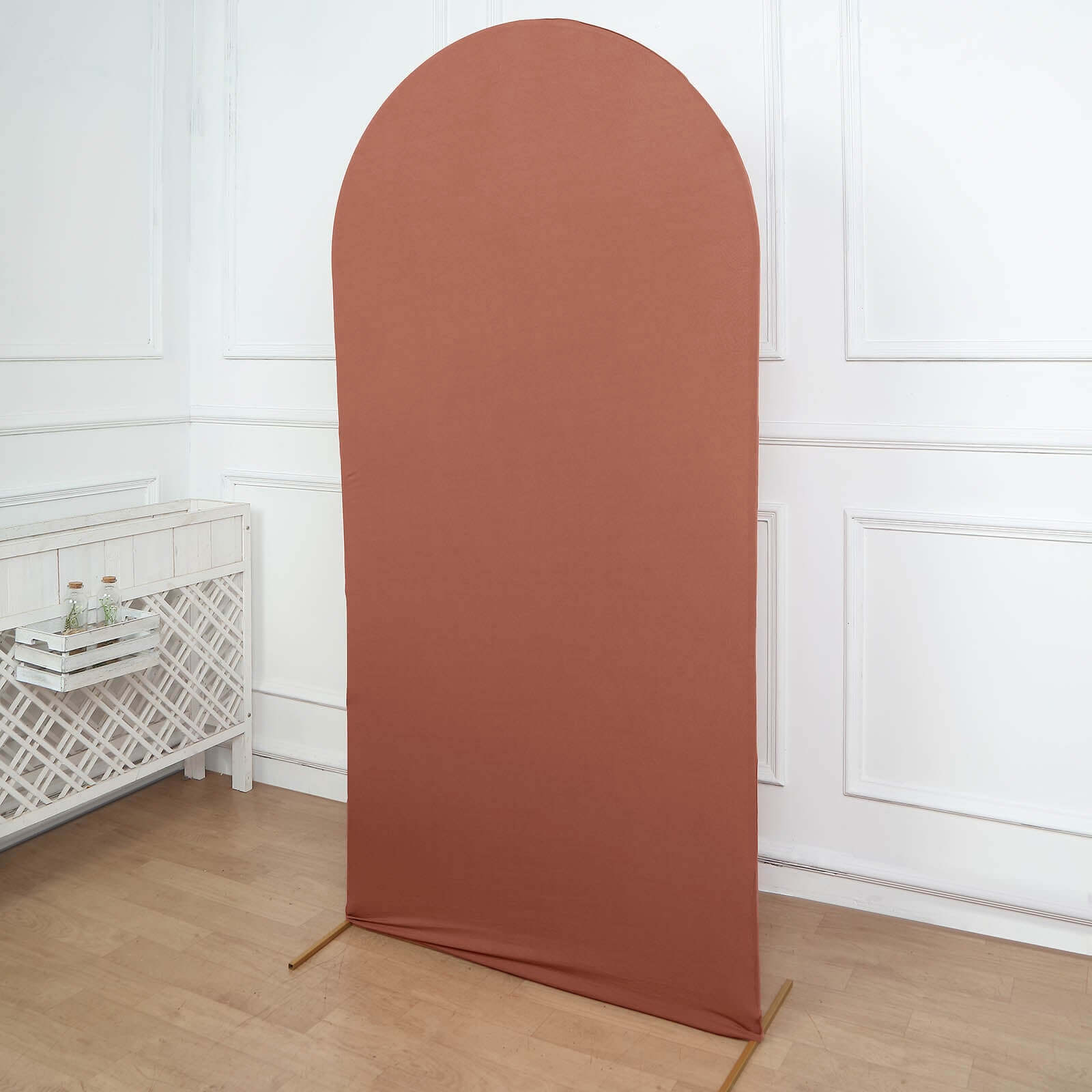 7ft Matte Terracotta (Rust) Spandex Fitted Chiara Backdrop Stand Cover For Round Top Wedding Arch