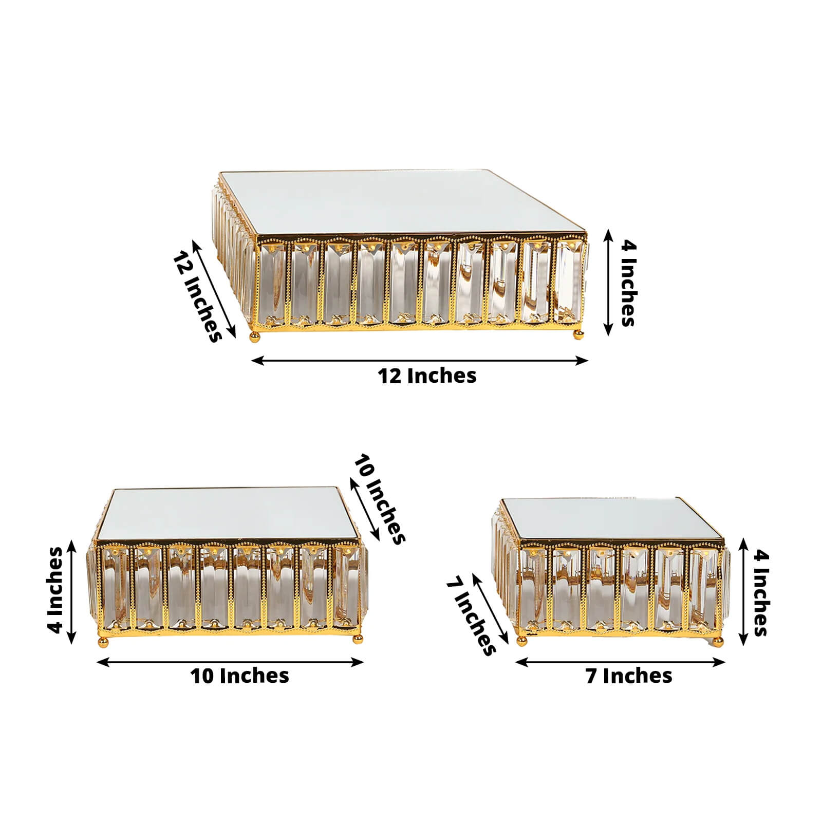 Set of 3 Gold Metal Crystal Pendant Cake Stands with Mirror Top, Stackable Square Dessert Display Trays - 7,10,12