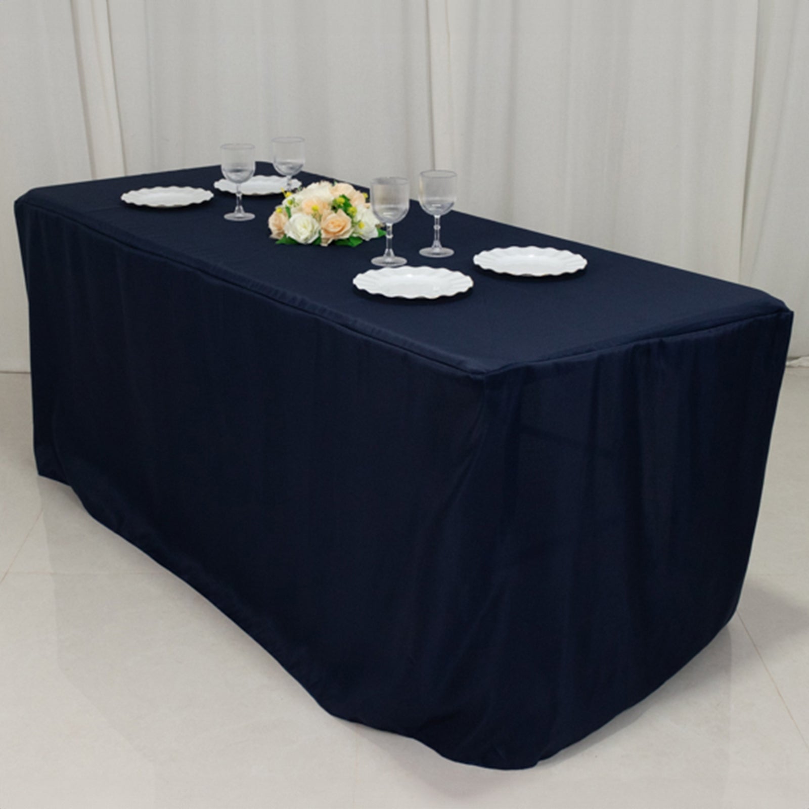 Fitted Polyester 72x30 Rectangle Tablecloth Navy Blue with Open Back Design - Easy to Maintain and Wrinkle-Resistant Table Cover