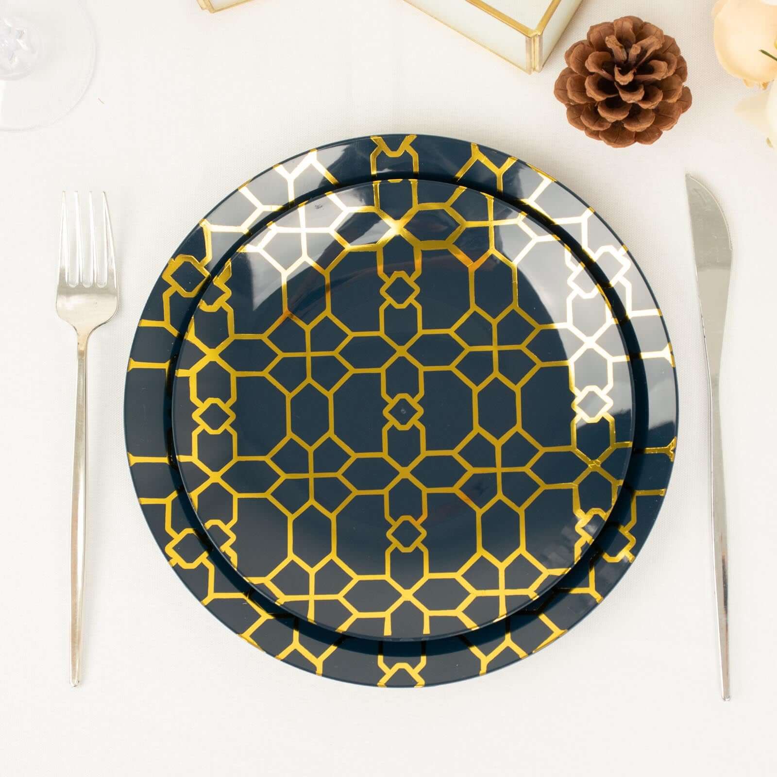 20-Pack Set Plastic Round Dinner and Salad Plates in Navy Blue with Geometric Gold Print - Modern Disposable Dinnerware Set for Weddings & Celebrations 9, 7