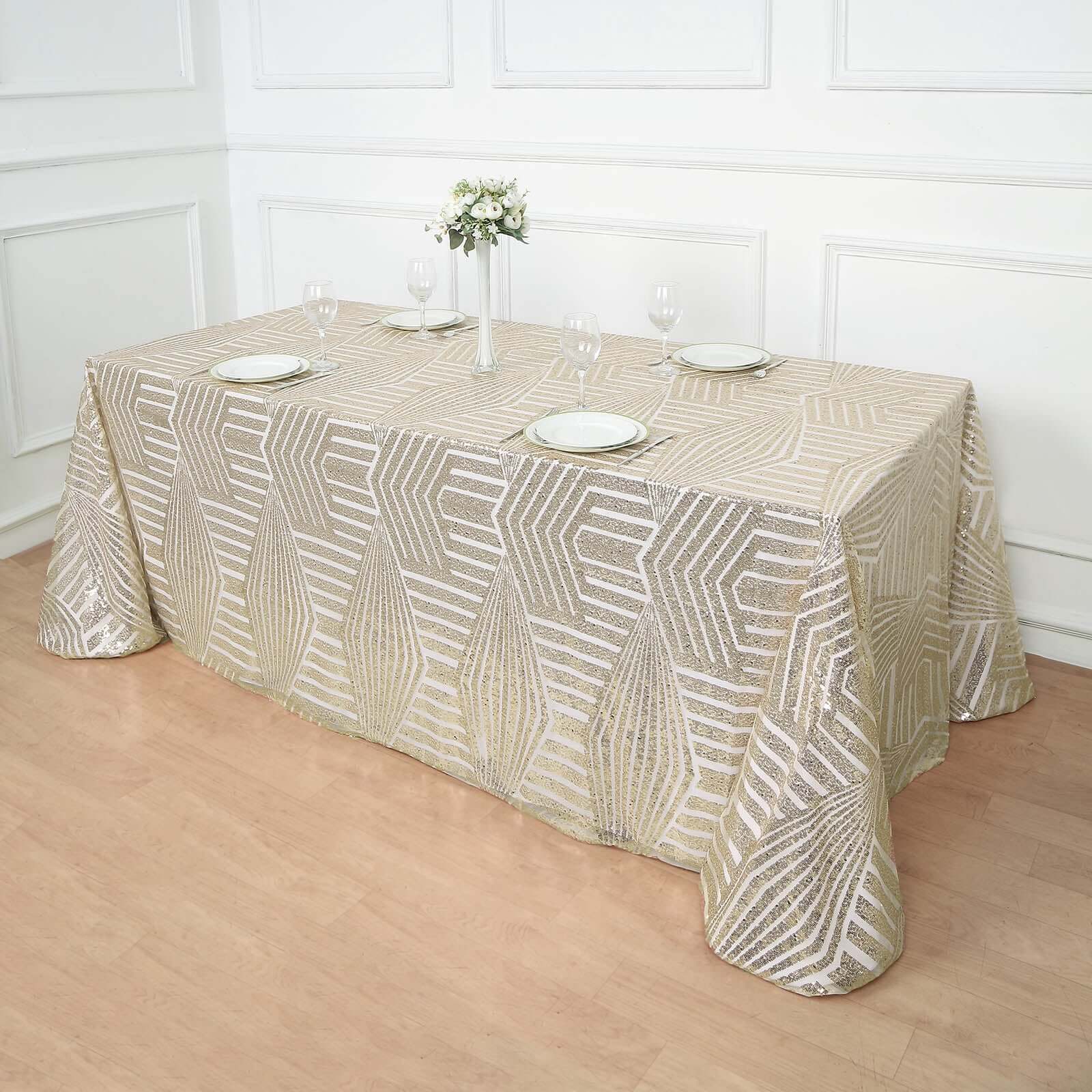 Sequin 90x132 Rectangle Tablecloth Champagne - Seamless Diamond Design Table Cover
