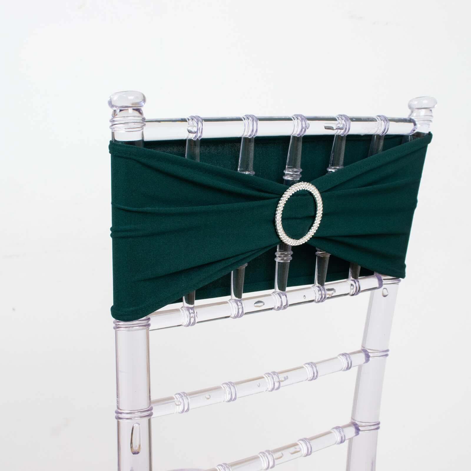 5 Pack Stretch Spandex Chair Sashes Hunter Emerald Green - Reusable Chair Bands with Silver Diamond Ring Slide Buckle 5x14