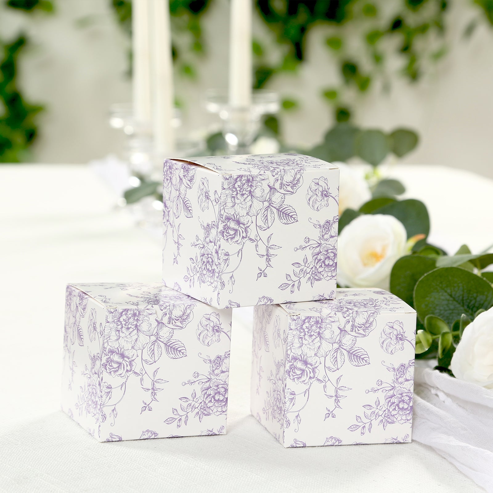 25 Pack Candy Treat Favor Boxes in French Toile Pattern - Matte Lavender and White Party Gift Boxes, Cardstock Paper - 3x3