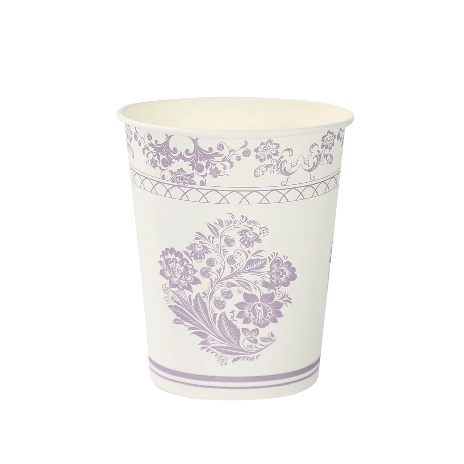 24-Pack Paper Cups in White with Lavender Damask Floral Pattern - Stylish Disposable Floral Party Cups for Hot & Cold Beverages 9oz