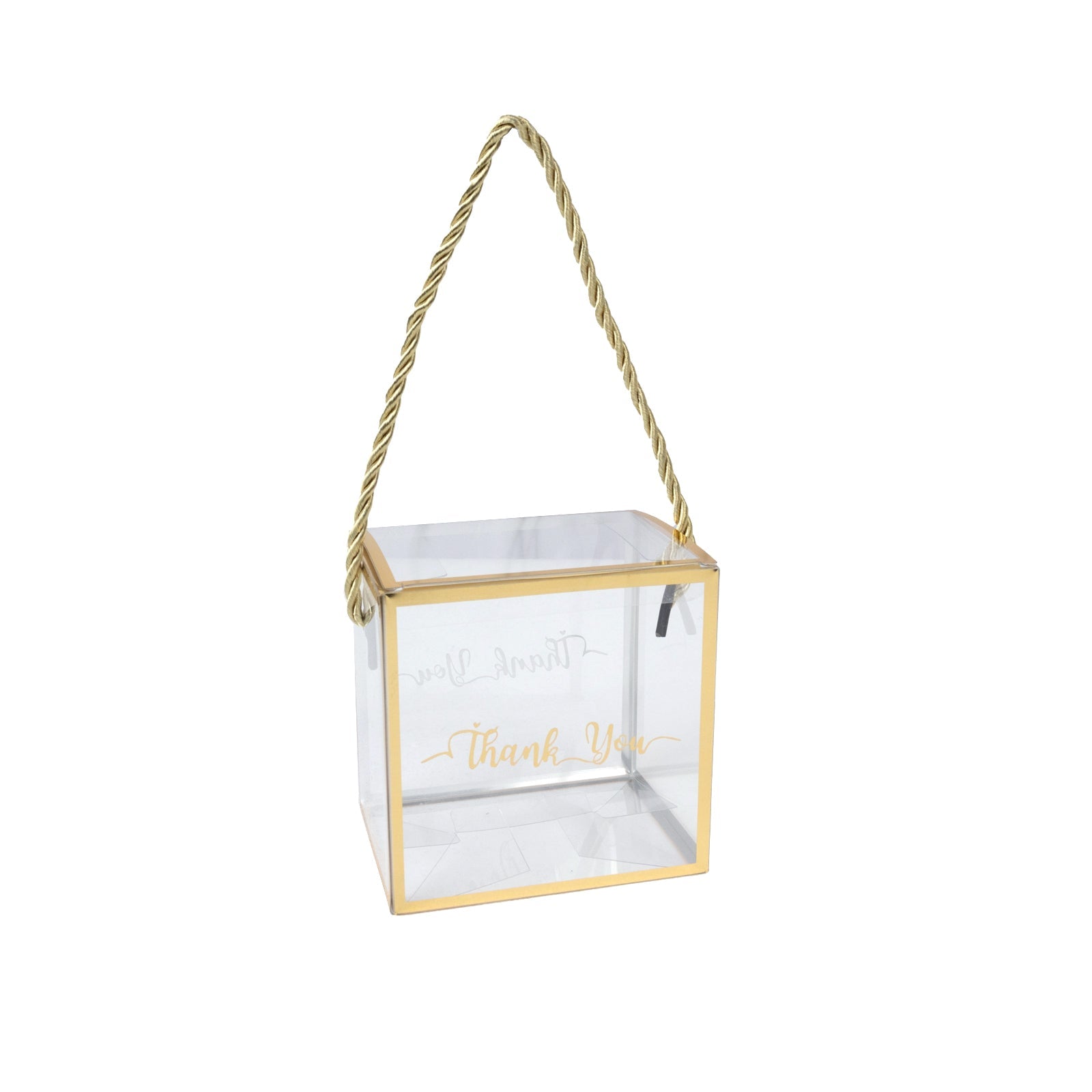 25 Pack Plastic Clear Square Gift Boxes with Gold Trim - Transparent Favor Boxes, Rope Handle, Pre-Printed Thank You Message - 4x4